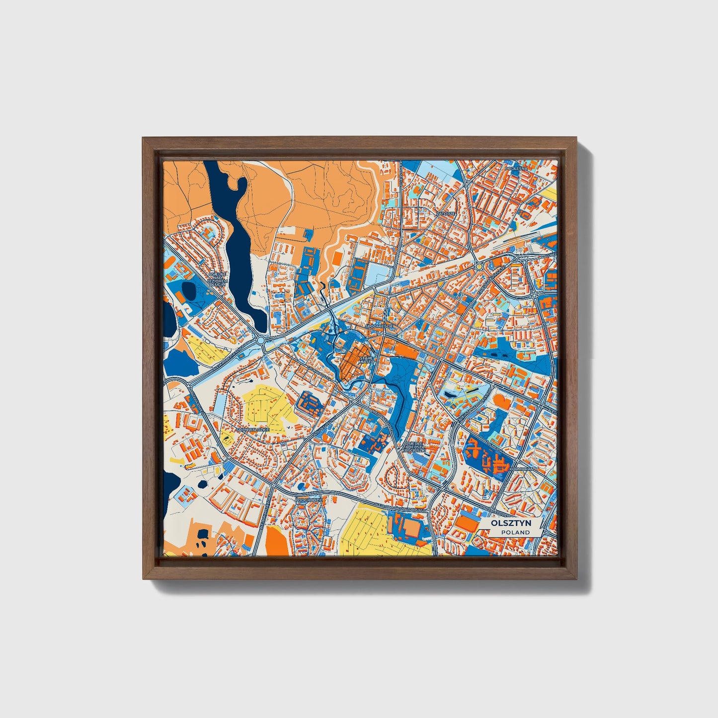 Olsztyn Poland Colorful City Map Canvas Print • Dark Wooden Framed