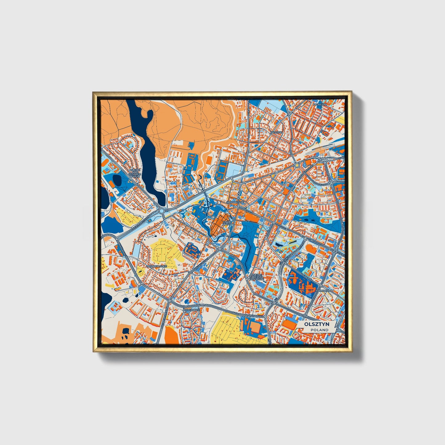 Olsztyn Poland Colorful City Map Canvas Print • Gold Framed