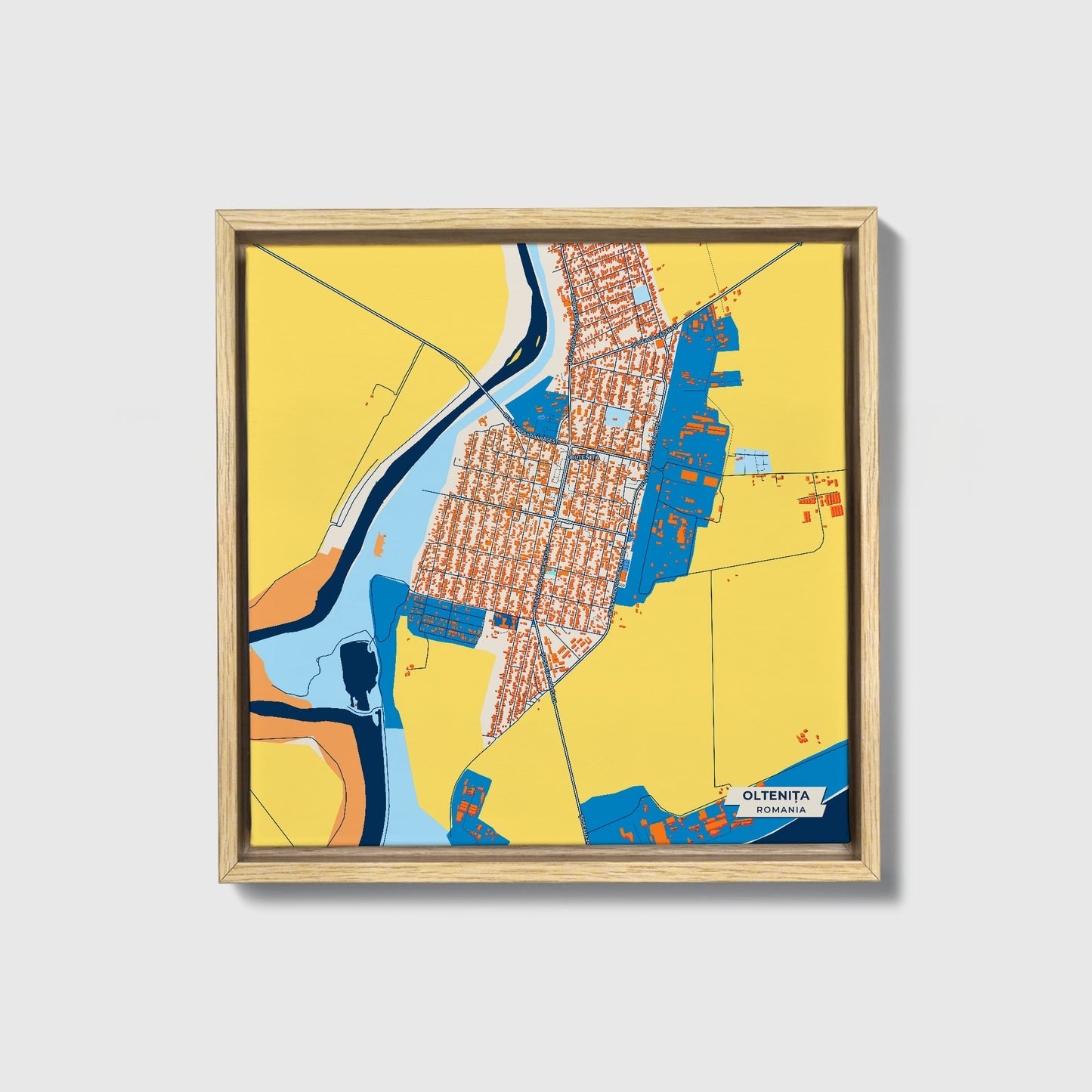 Oltenița Romania Colorful City Map Canvas Print • Natural Wooden Framed