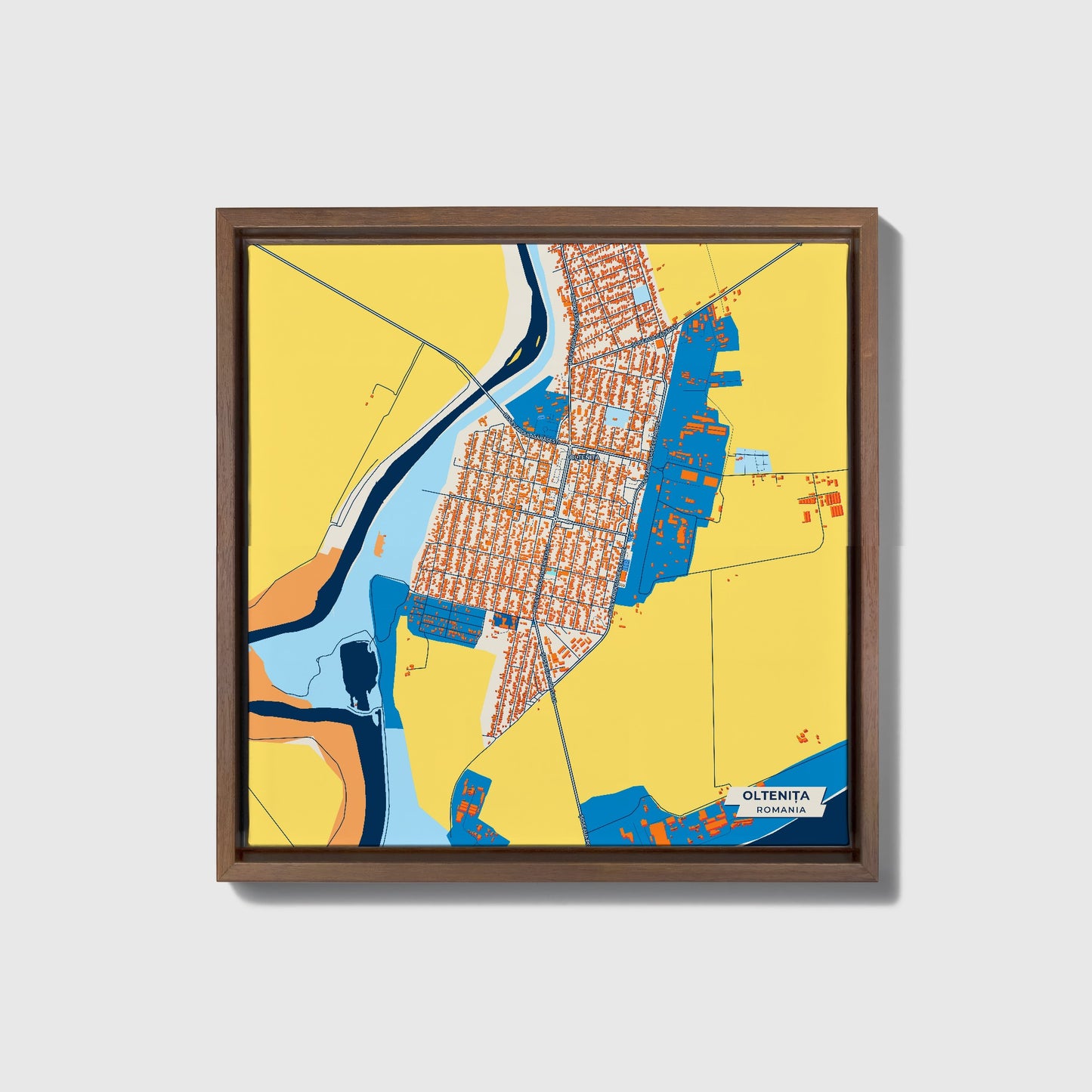 Oltenița Romania Colorful City Map Canvas Print • Dark Wooden Framed