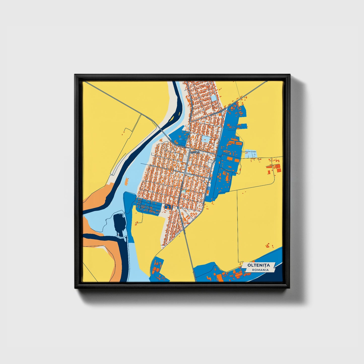 Oltenița Romania Colorful City Map Canvas Print • Black Framed