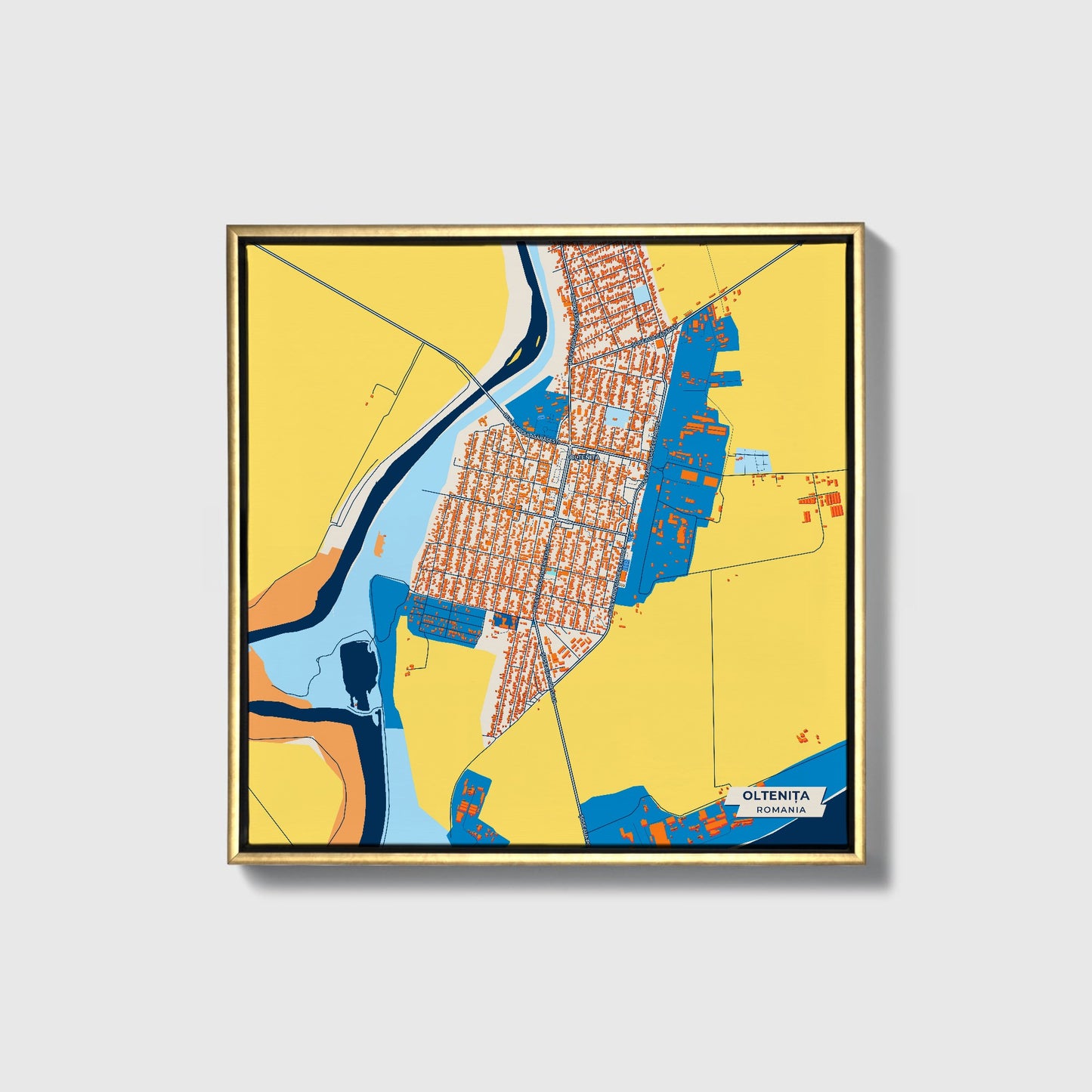 Oltenița Romania Colorful City Map Canvas Print • Gold Framed