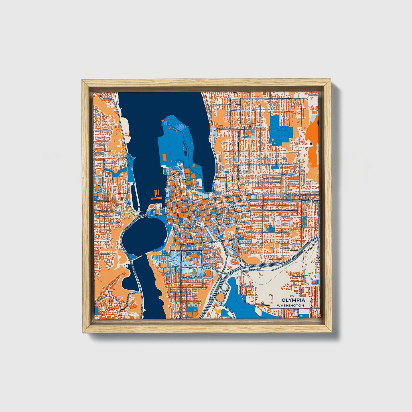 Olympia Washington Colorful City Map Canvas Print • Natural Wooden Framed
