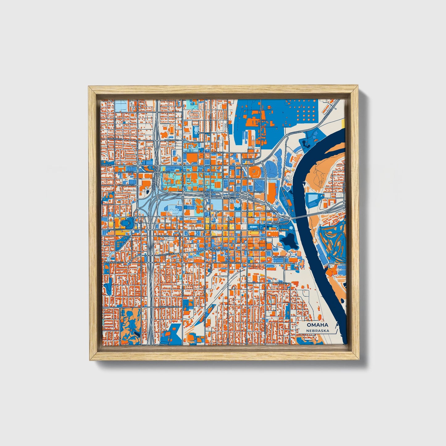 Omaha Nebraska Colorful City Map Canvas Print • Natural Wooden Framed