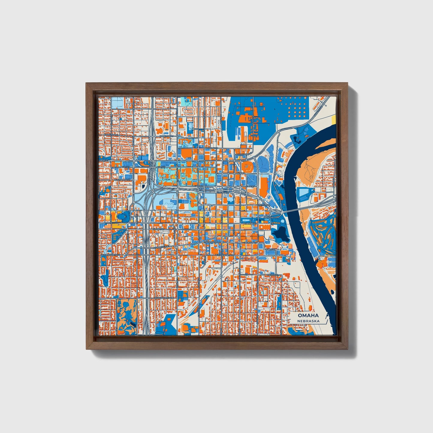 Omaha Nebraska Colorful City Map Canvas Print • Dark Wooden Framed