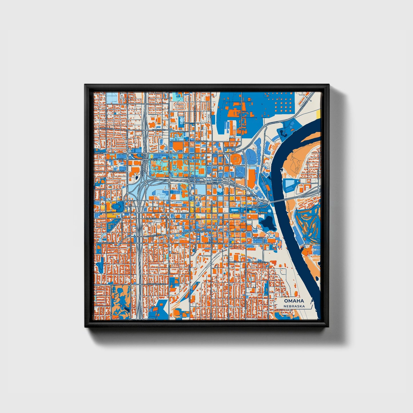 Omaha Nebraska Colorful City Map Canvas Print • Black Framed