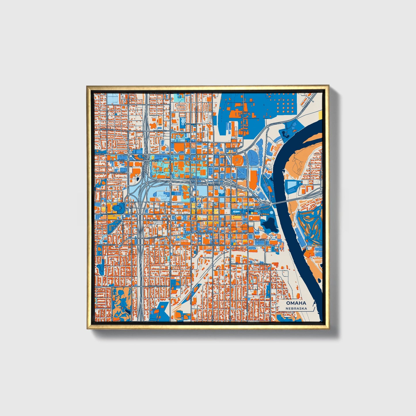 Omaha Nebraska Colorful City Map Canvas Print • Gold Framed