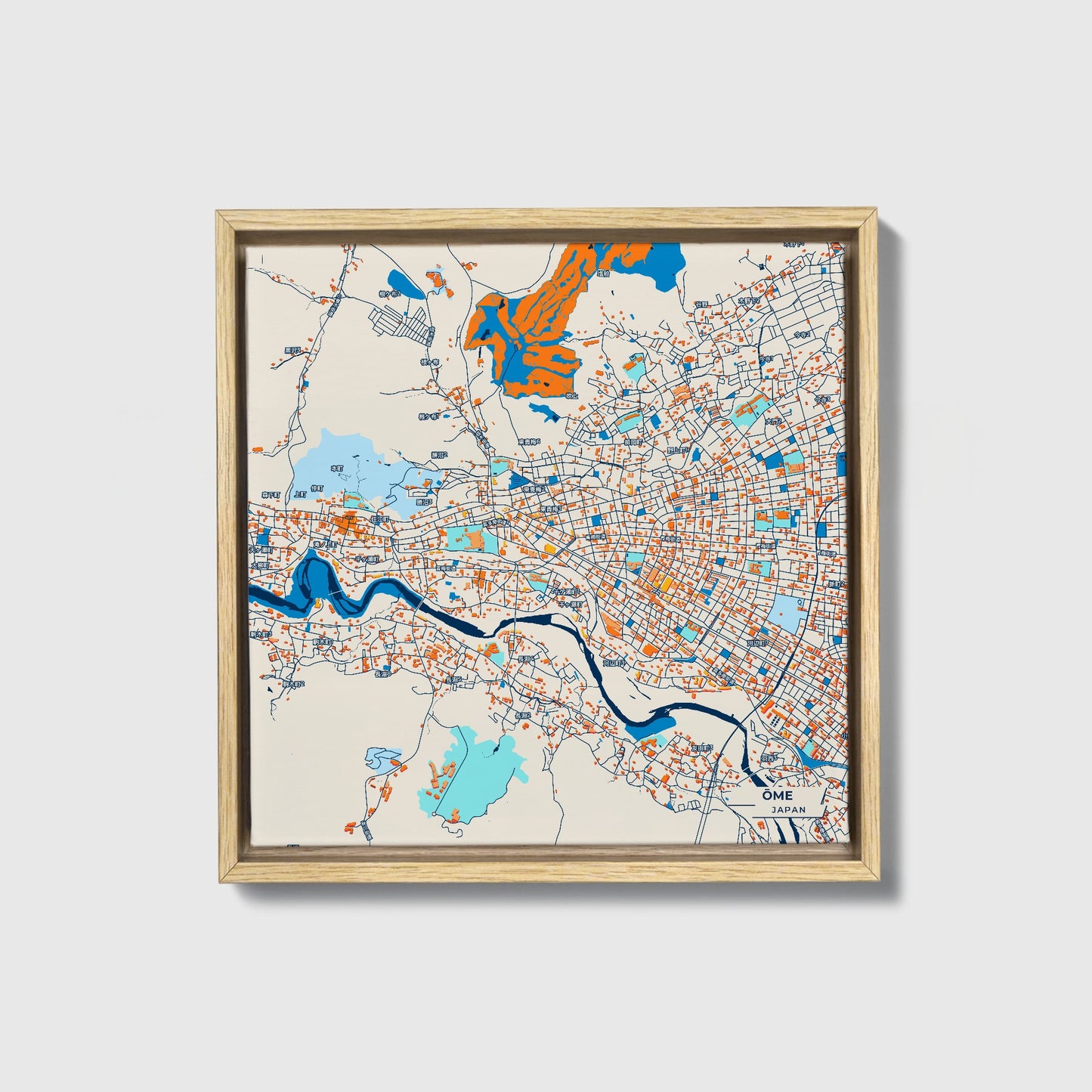 Ōme Japan Colorful City Map Canvas Print • Natural Wooden Framed
