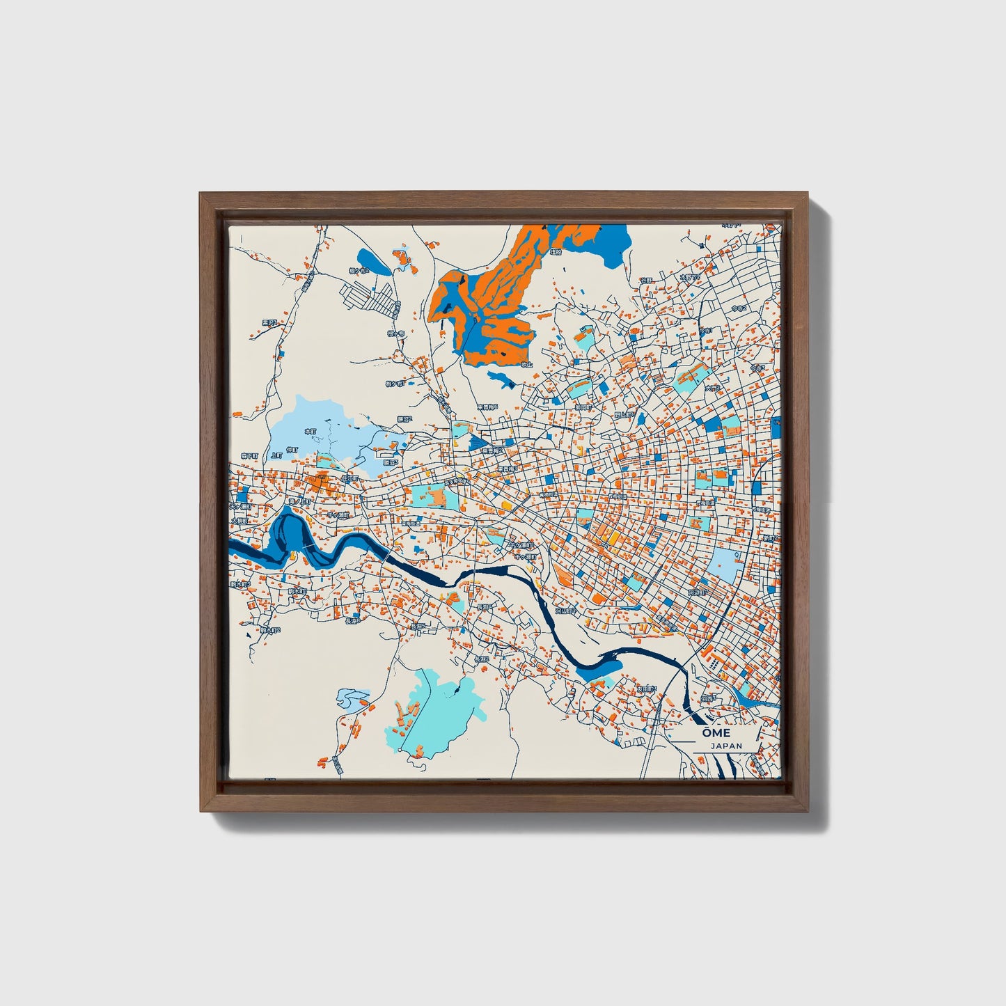 Ōme Japan Colorful City Map Canvas Print • Dark Wooden Framed