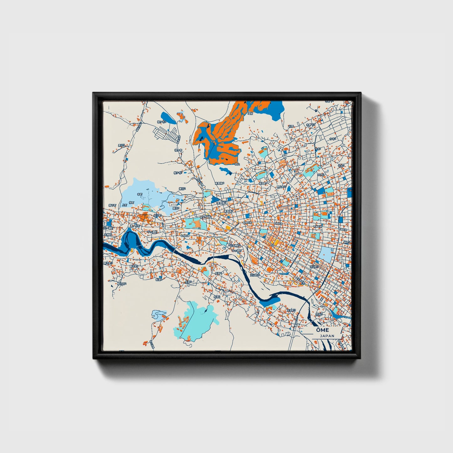 Ōme Japan Colorful City Map Canvas Print • Black Framed