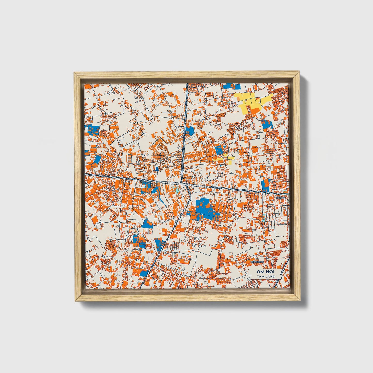 Om Noi Thailand Colorful City Map Canvas Print • Natural Wooden Framed