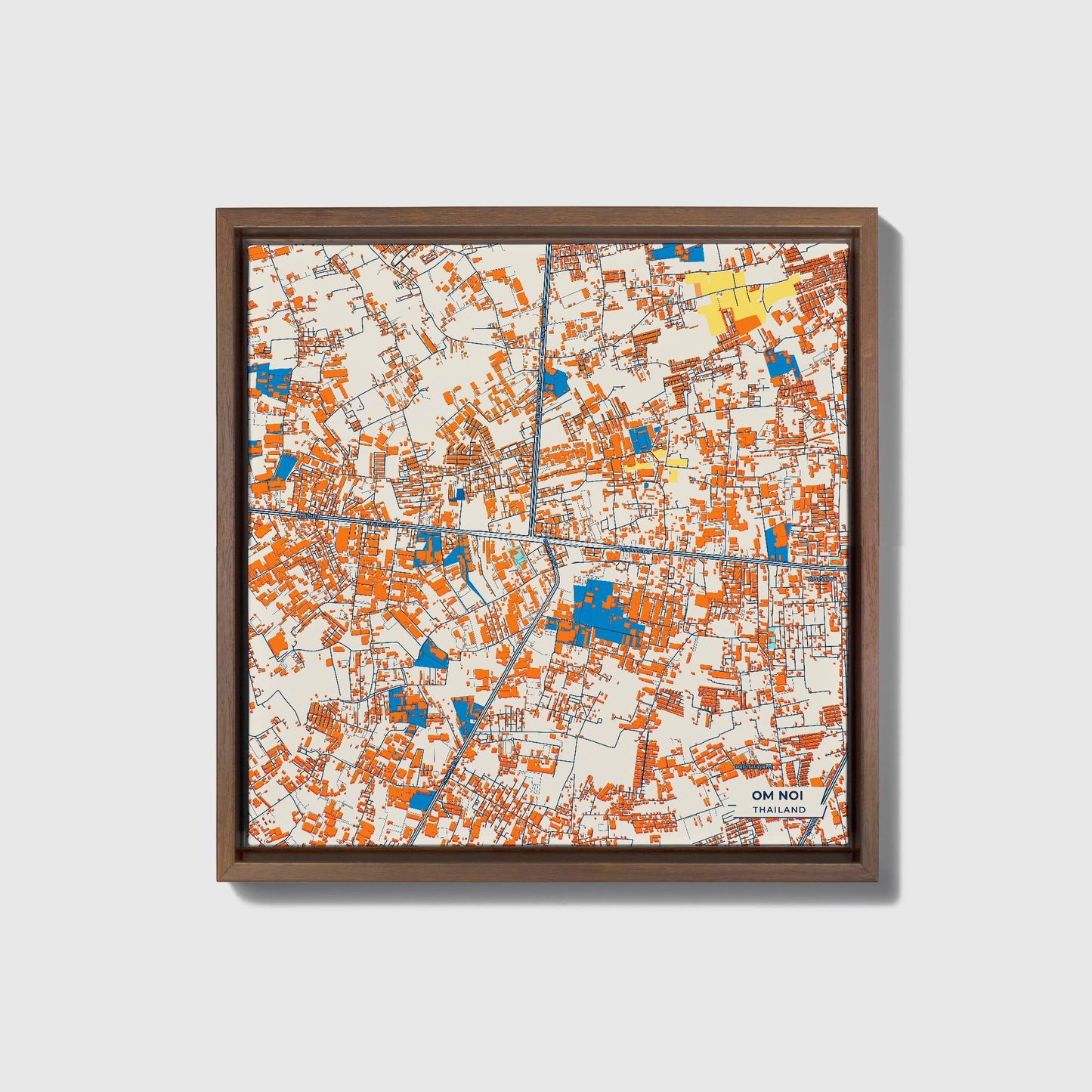 Om Noi Thailand Colorful City Map Canvas Print • Dark Wooden Framed
