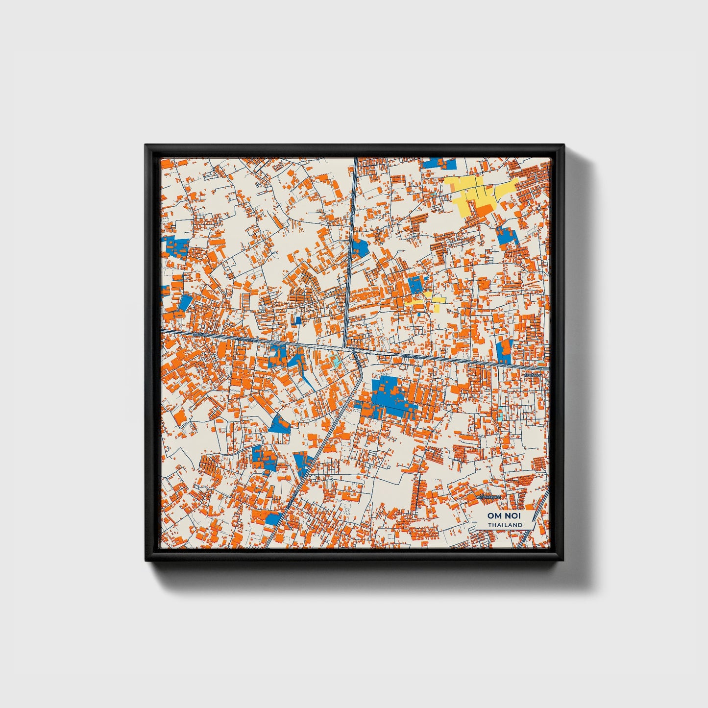Om Noi Thailand Colorful City Map Canvas Print • Black Framed