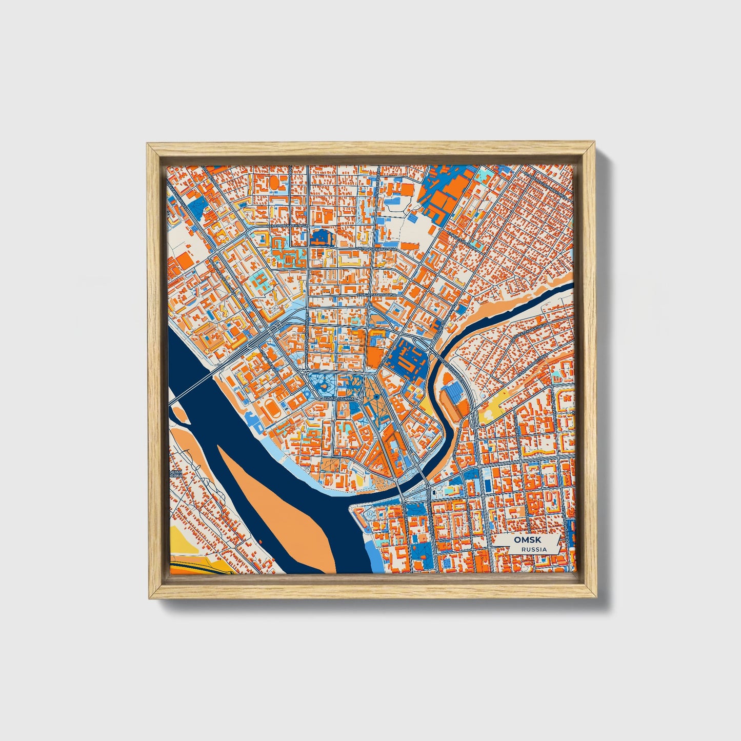 Омск Russia Colorful City Map Canvas Print • Natural Wooden Framed