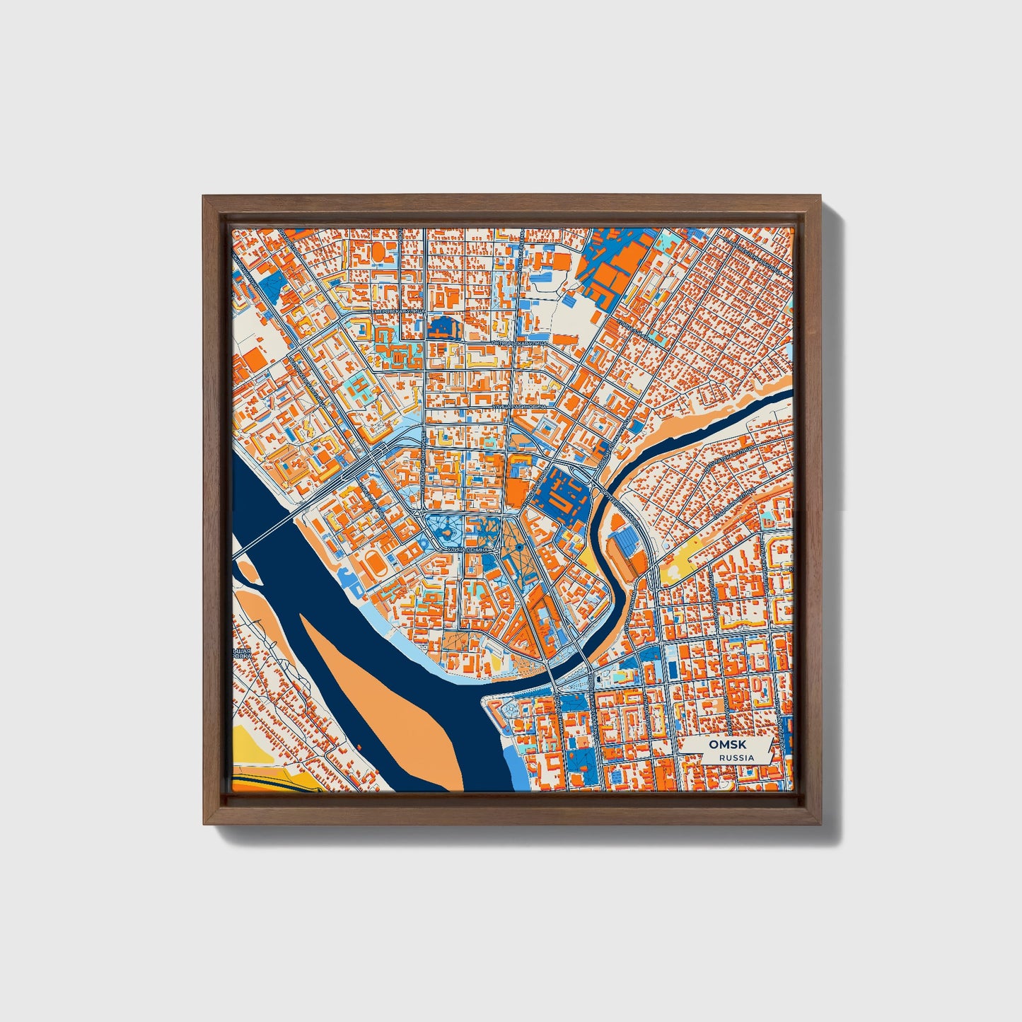 Омск Russia Colorful City Map Canvas Print • Dark Wooden Framed
