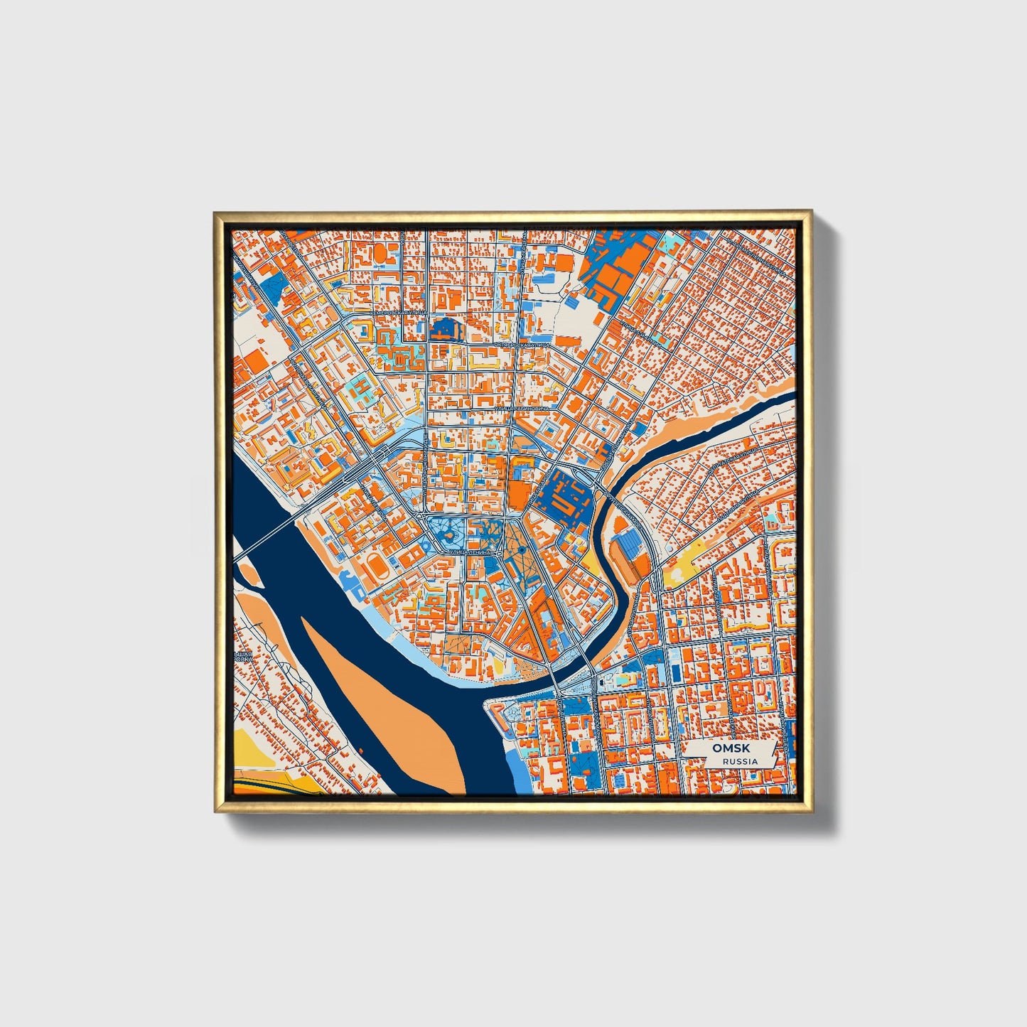 Омск Russia Colorful City Map Canvas Print • Gold Framed