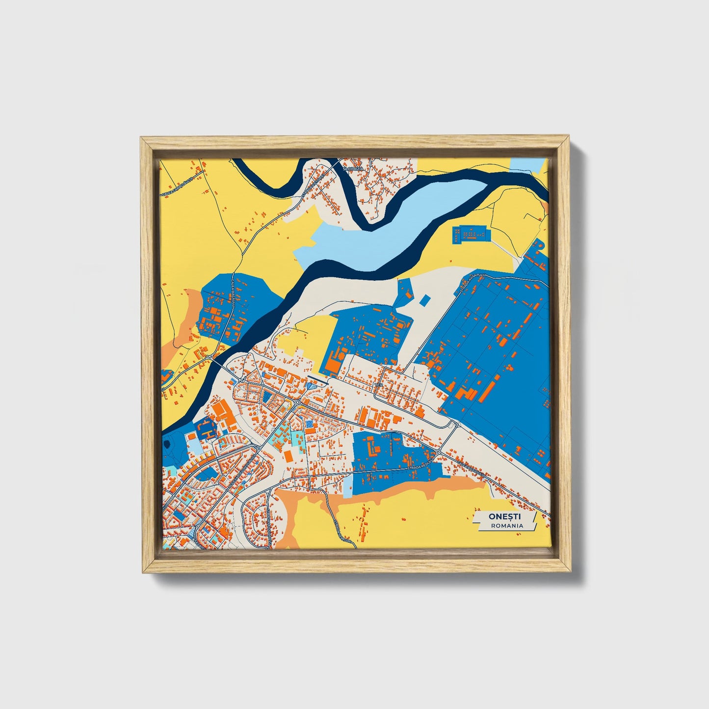 Onești Romania Colorful City Map Canvas Print • Natural Wooden Framed