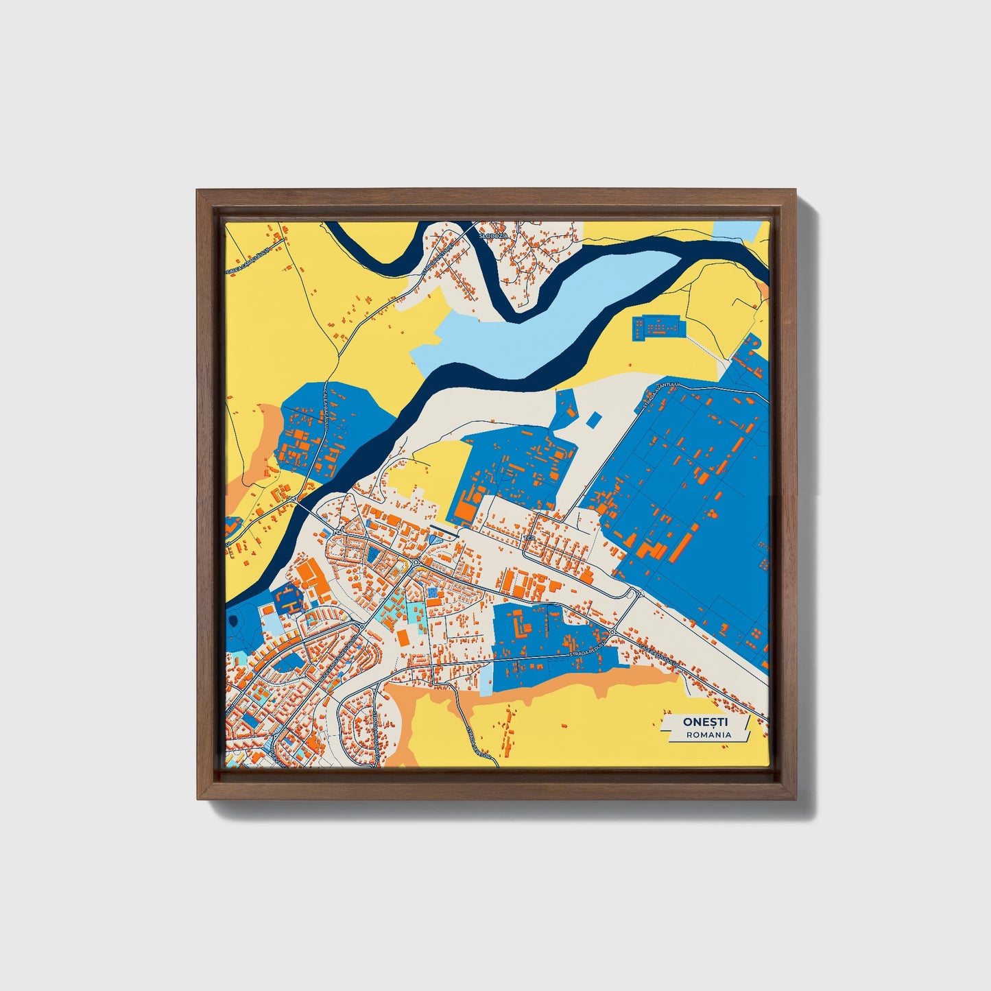 Onești Romania Colorful City Map Canvas Print • Dark Wooden Framed