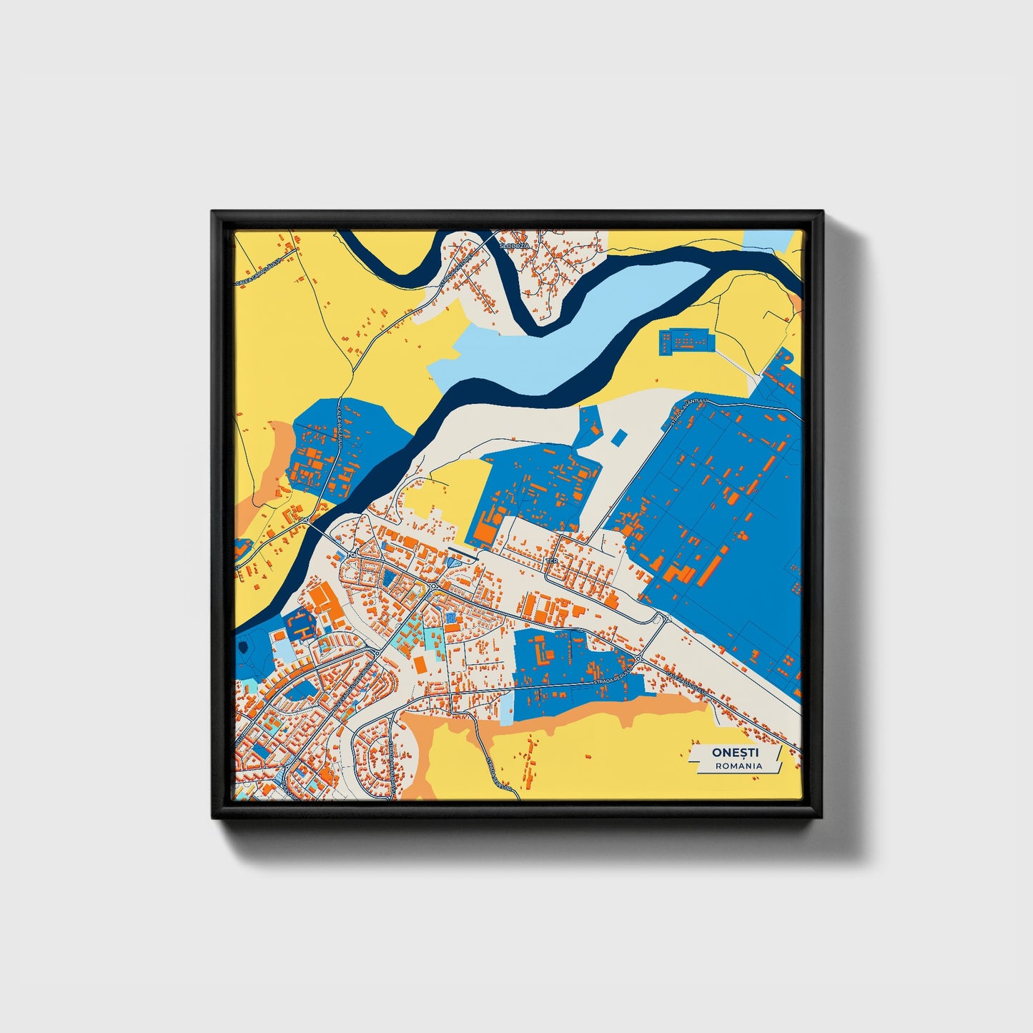 Onești Romania Colorful City Map Canvas Print • Black Framed