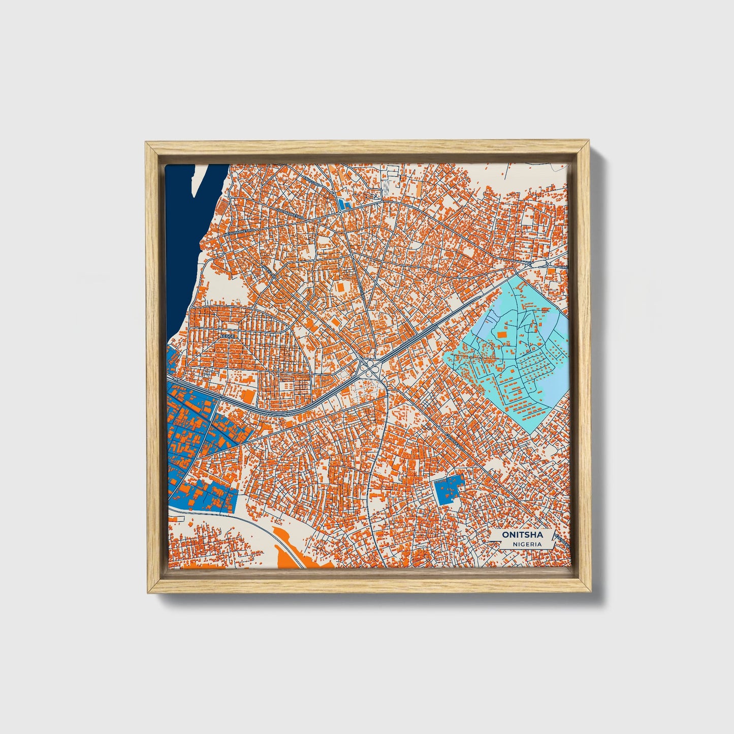 Onitsha Nigeria Colorful City Map Canvas Print • Natural Wooden Framed