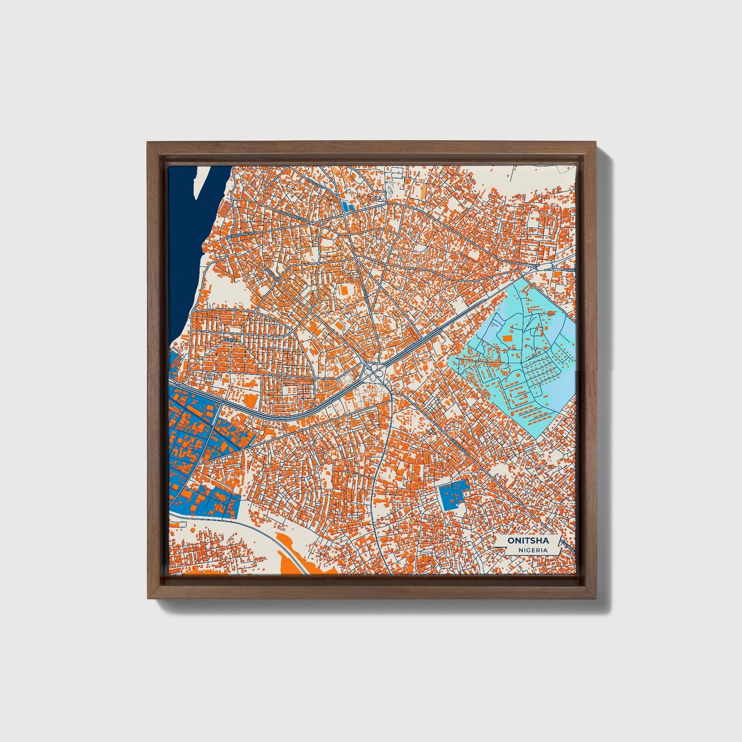 Onitsha Nigeria Colorful City Map Canvas Print • Dark Wooden Framed