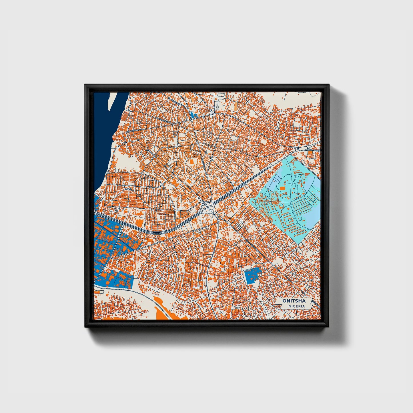 Onitsha Nigeria Colorful City Map Canvas Print • Black Framed
