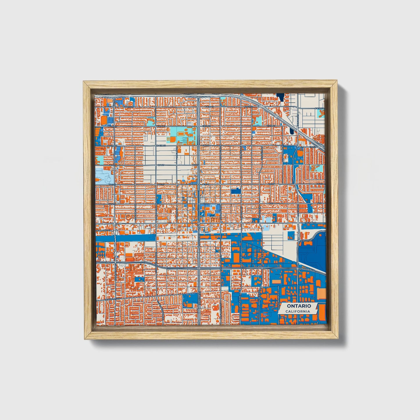 Ontario California Colorful City Map Canvas Print • Natural Wooden Framed