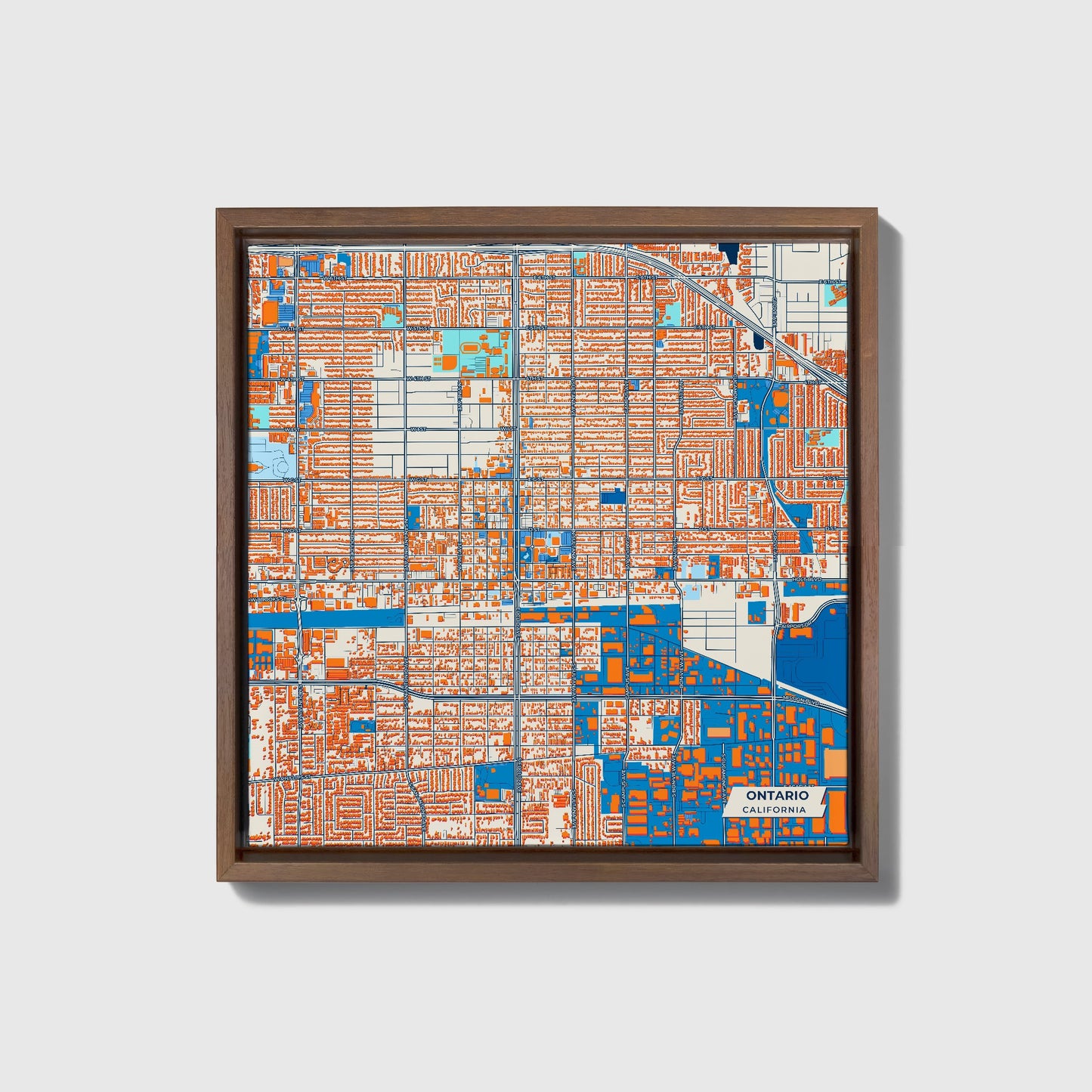 Ontario California Colorful City Map Canvas Print • Dark Wooden Framed