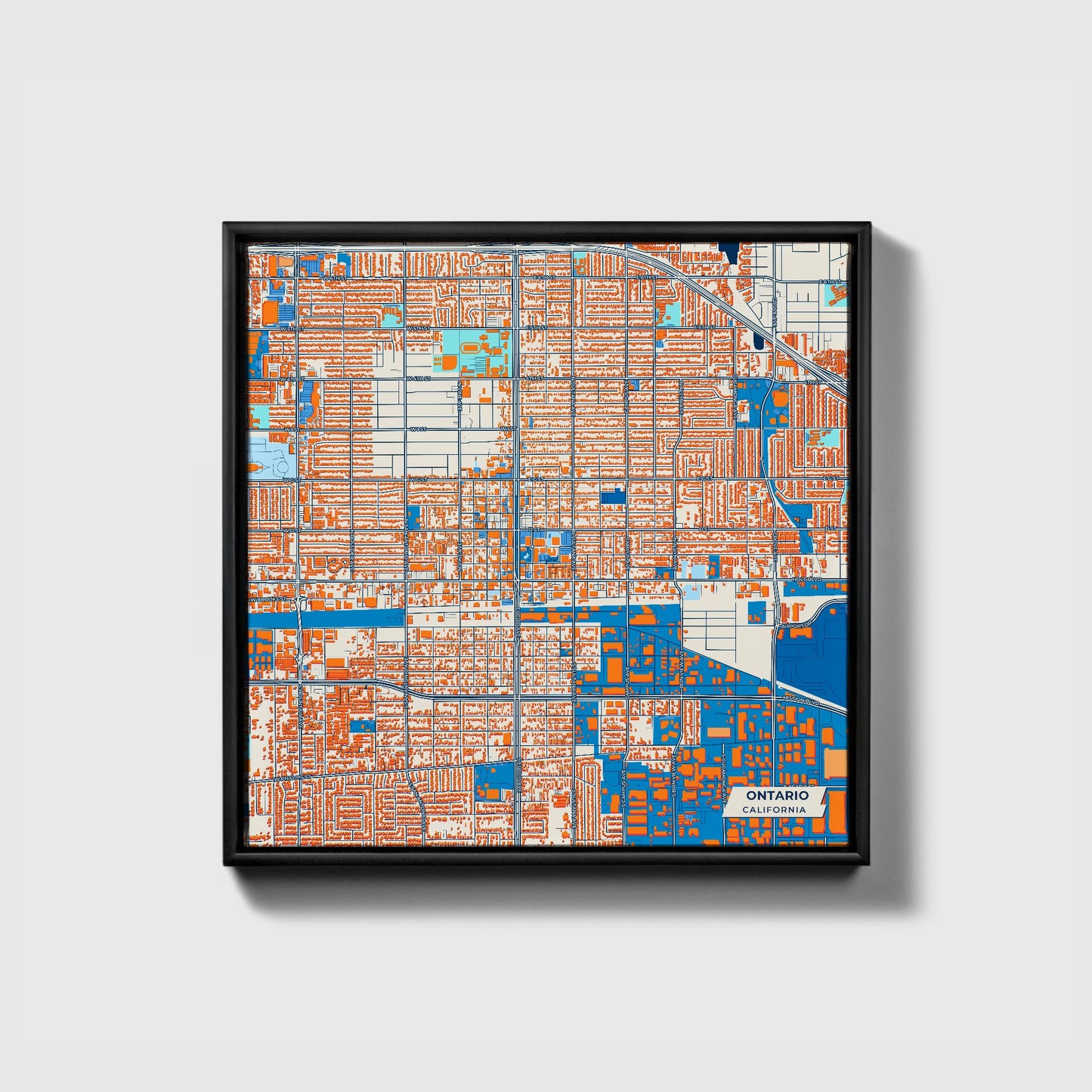 Ontario California Colorful City Map Canvas Print • Black Framed