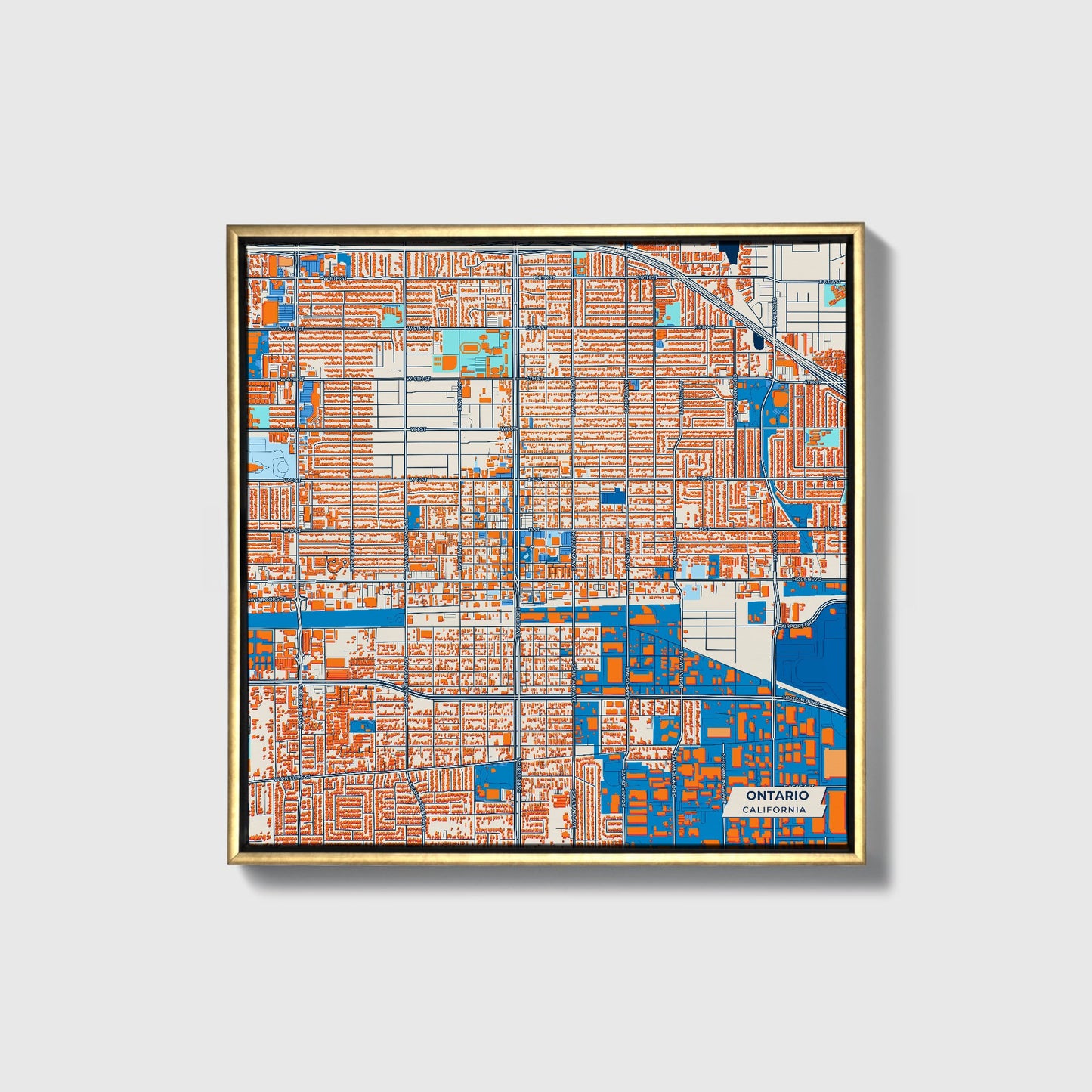 Ontario California Colorful City Map Canvas Print • Gold Framed