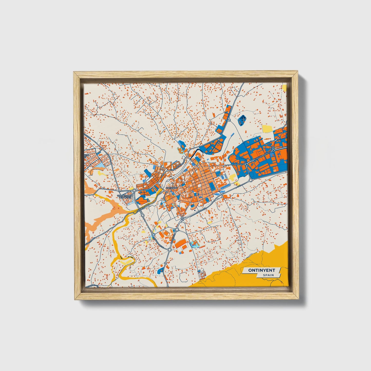 Ontinyent Spain Colorful City Map Canvas Print • Natural Wooden Framed