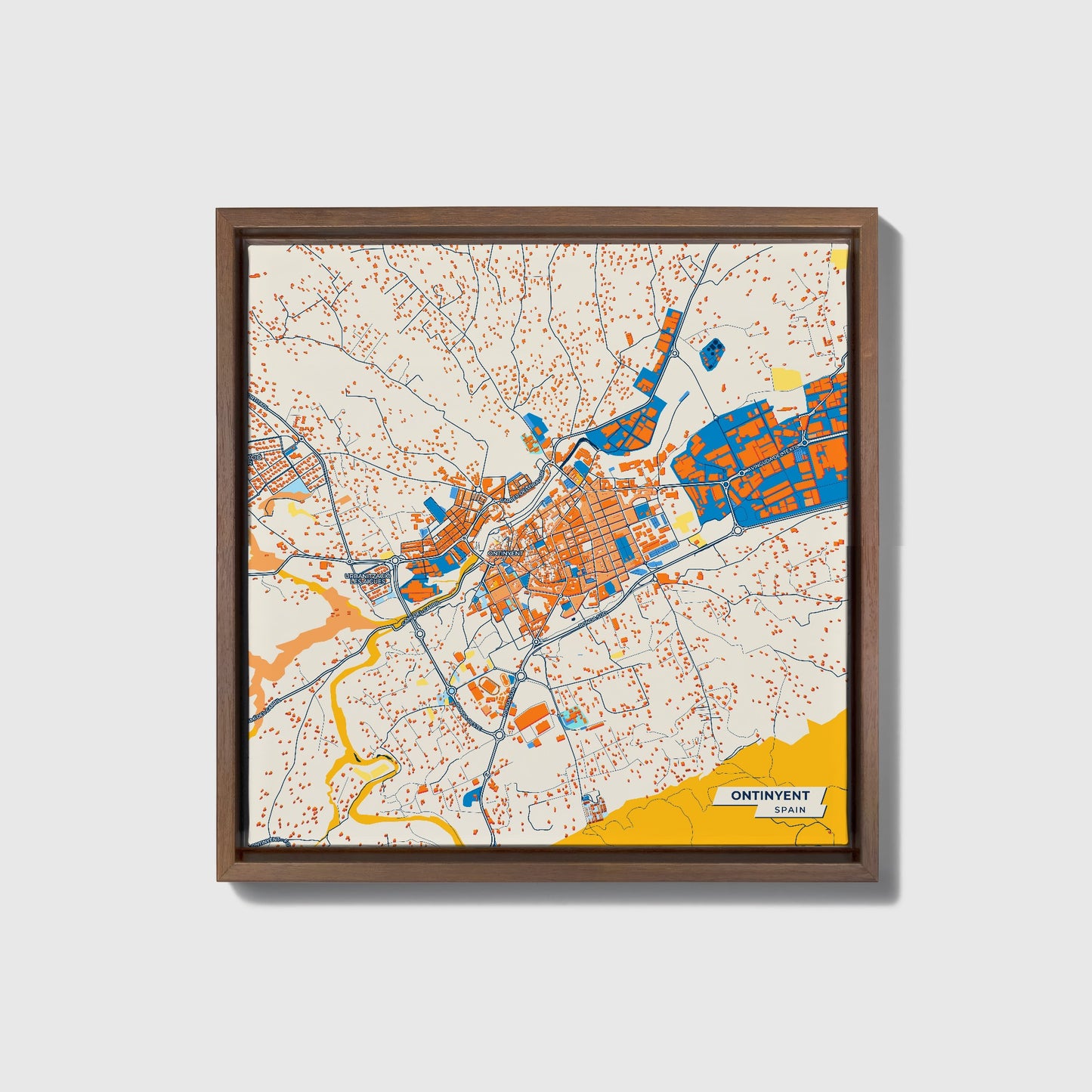 Ontinyent Spain Colorful City Map Canvas Print • Dark Wooden Framed