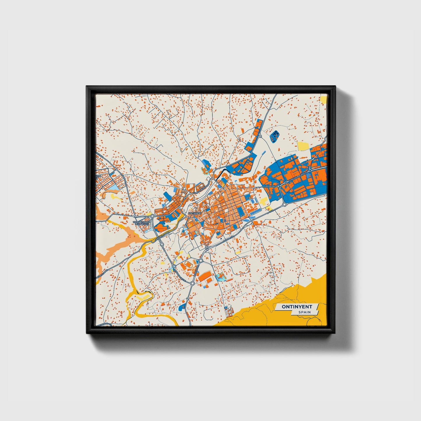 Ontinyent Spain Colorful City Map Canvas Print • Black Framed