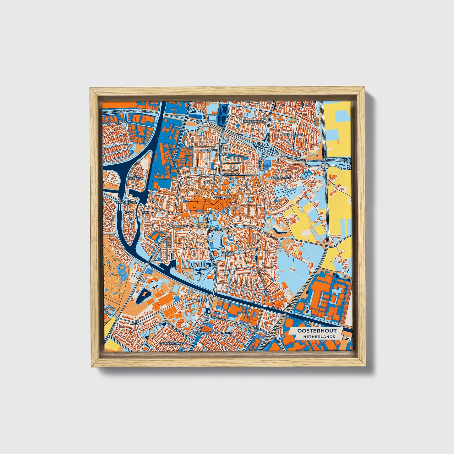 Oosterhout Netherlands Colorful City Map Canvas Print • Natural Wooden Framed