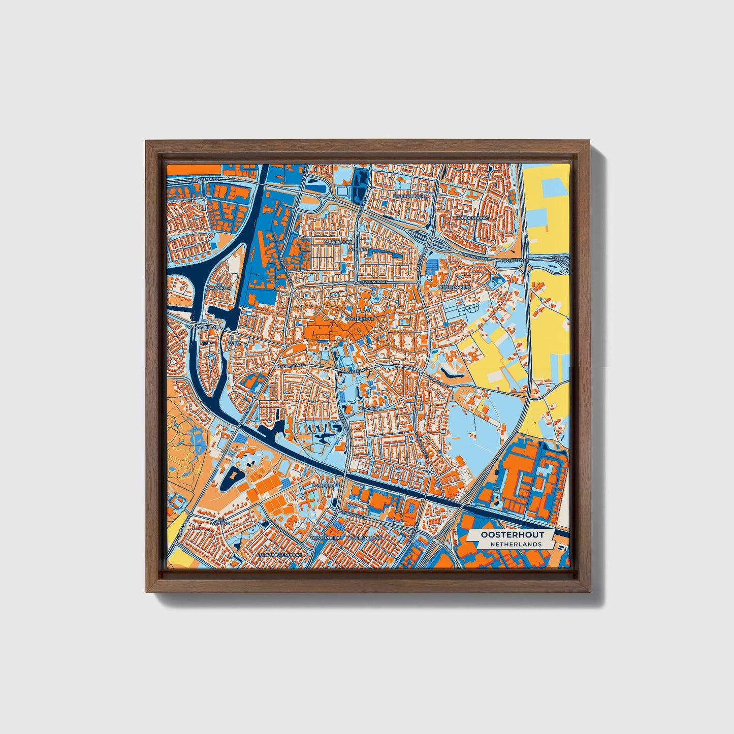 Oosterhout Netherlands Colorful City Map Canvas Print • Dark Wooden Framed