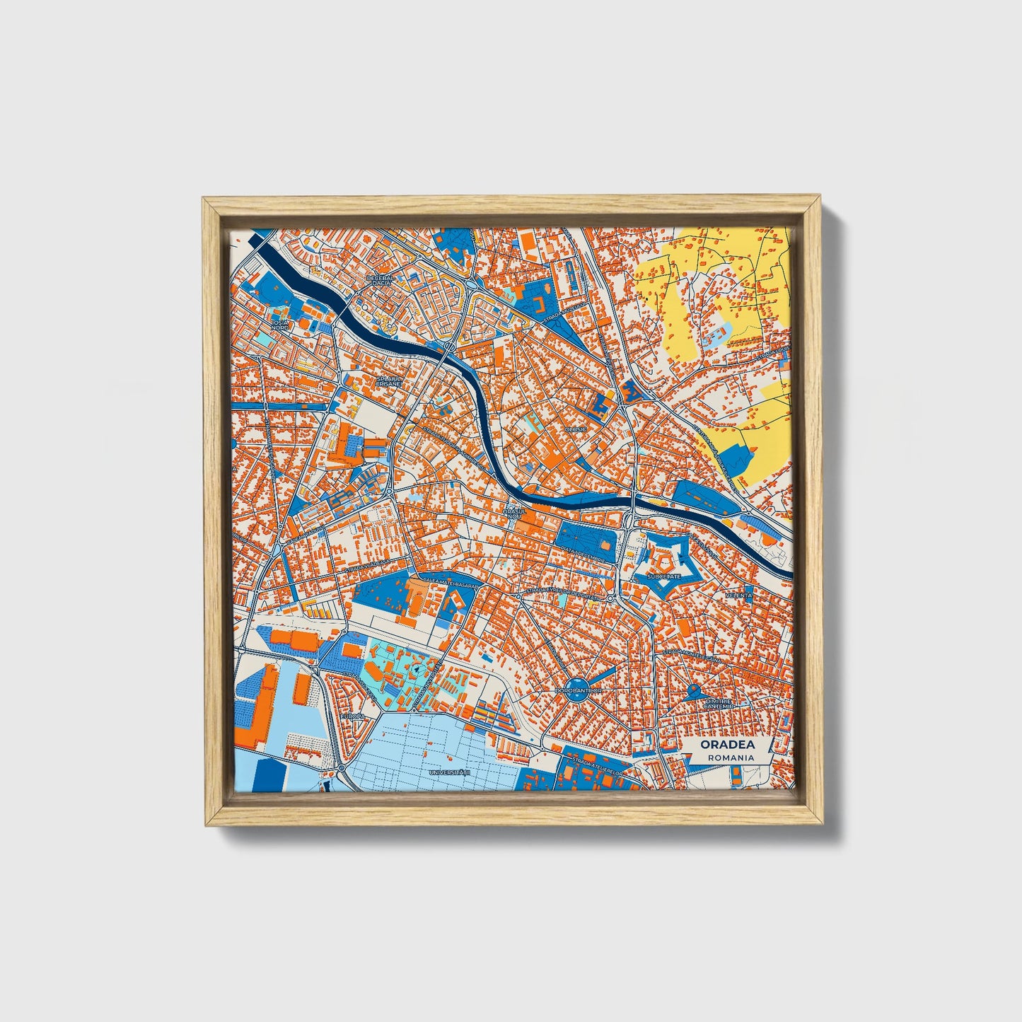Oradea Romania Colorful City Map Canvas Print • Natural Wooden Framed