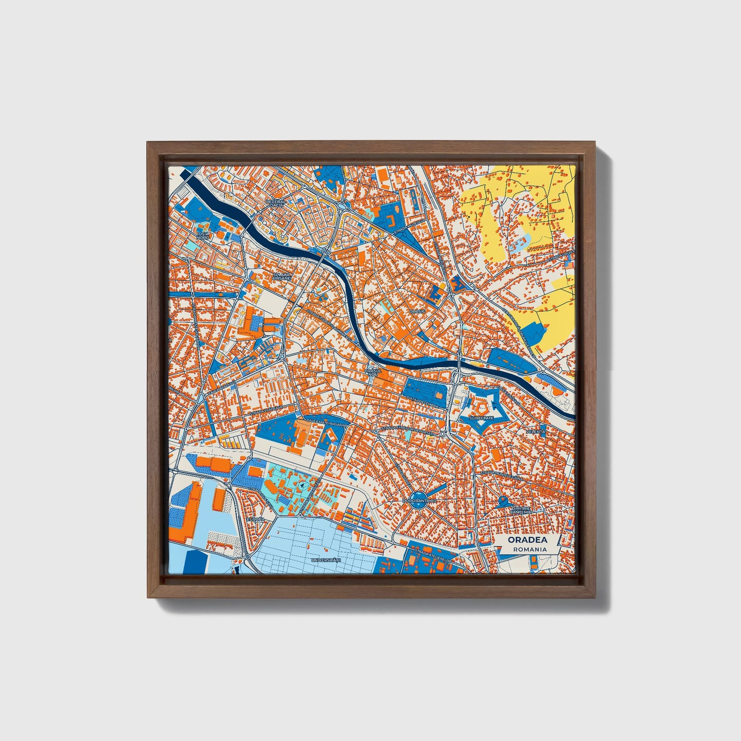 Oradea Romania Colorful City Map Canvas Print • Dark Wooden Framed