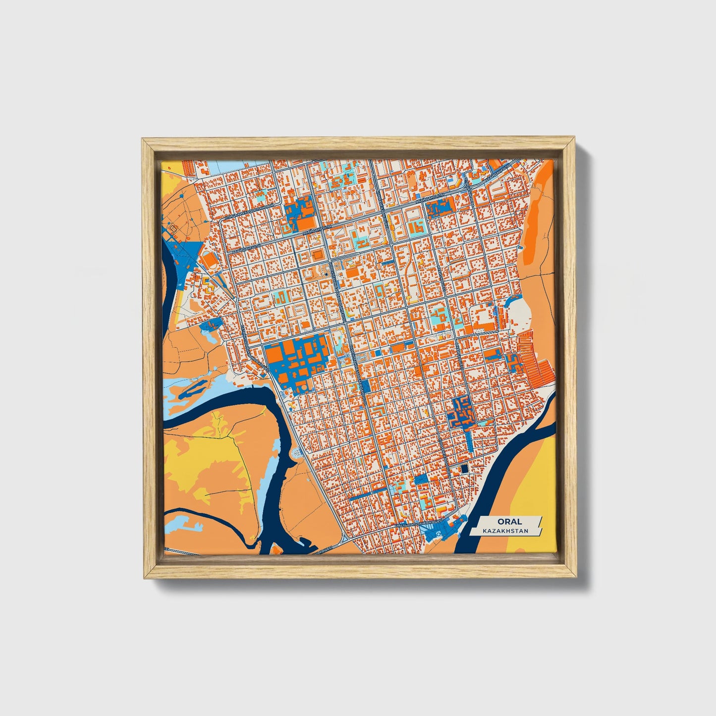 Oral Kazakhstan Colorful City Map Canvas Print • Natural Wooden Framed