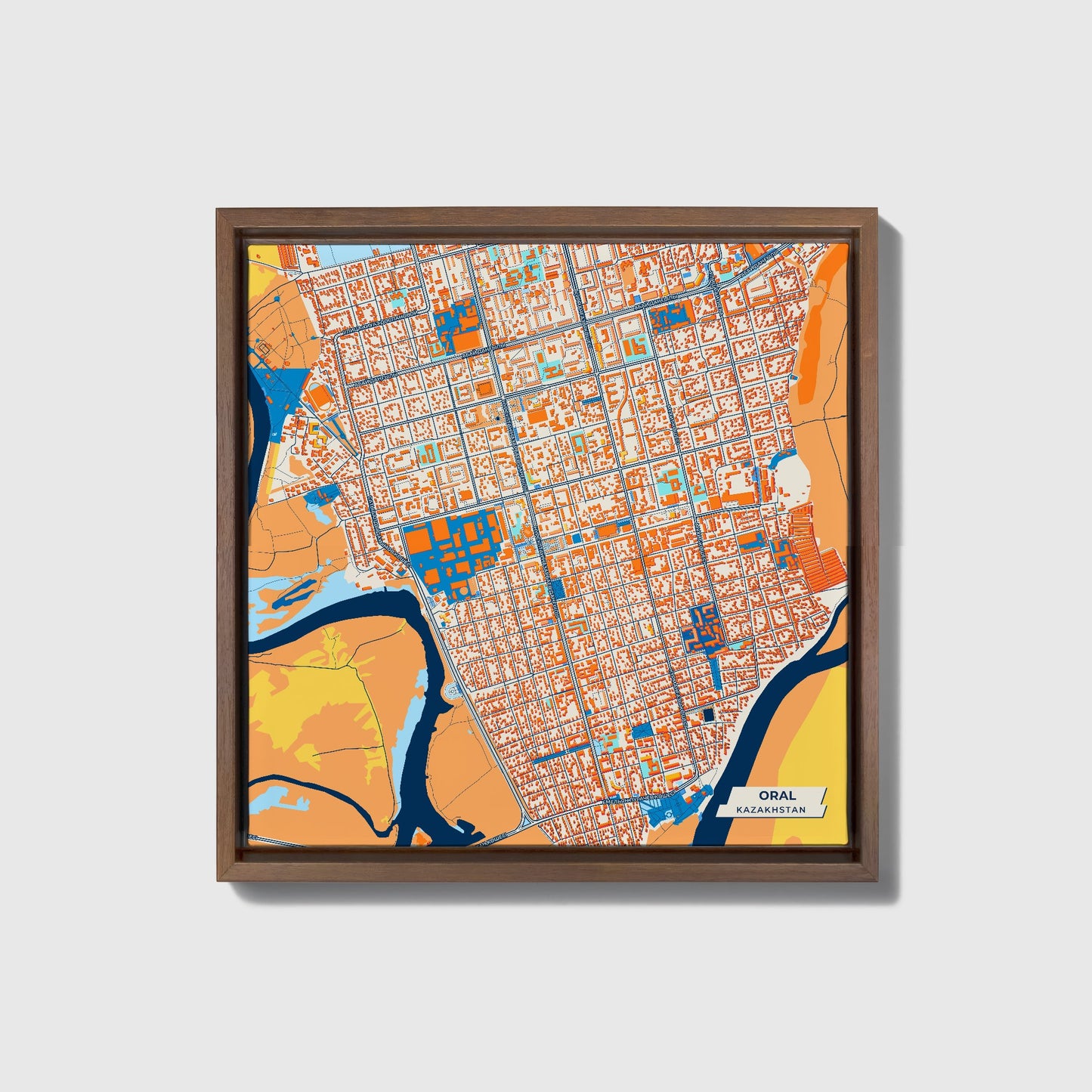 Oral Kazakhstan Colorful City Map Canvas Print • Dark Wooden Framed