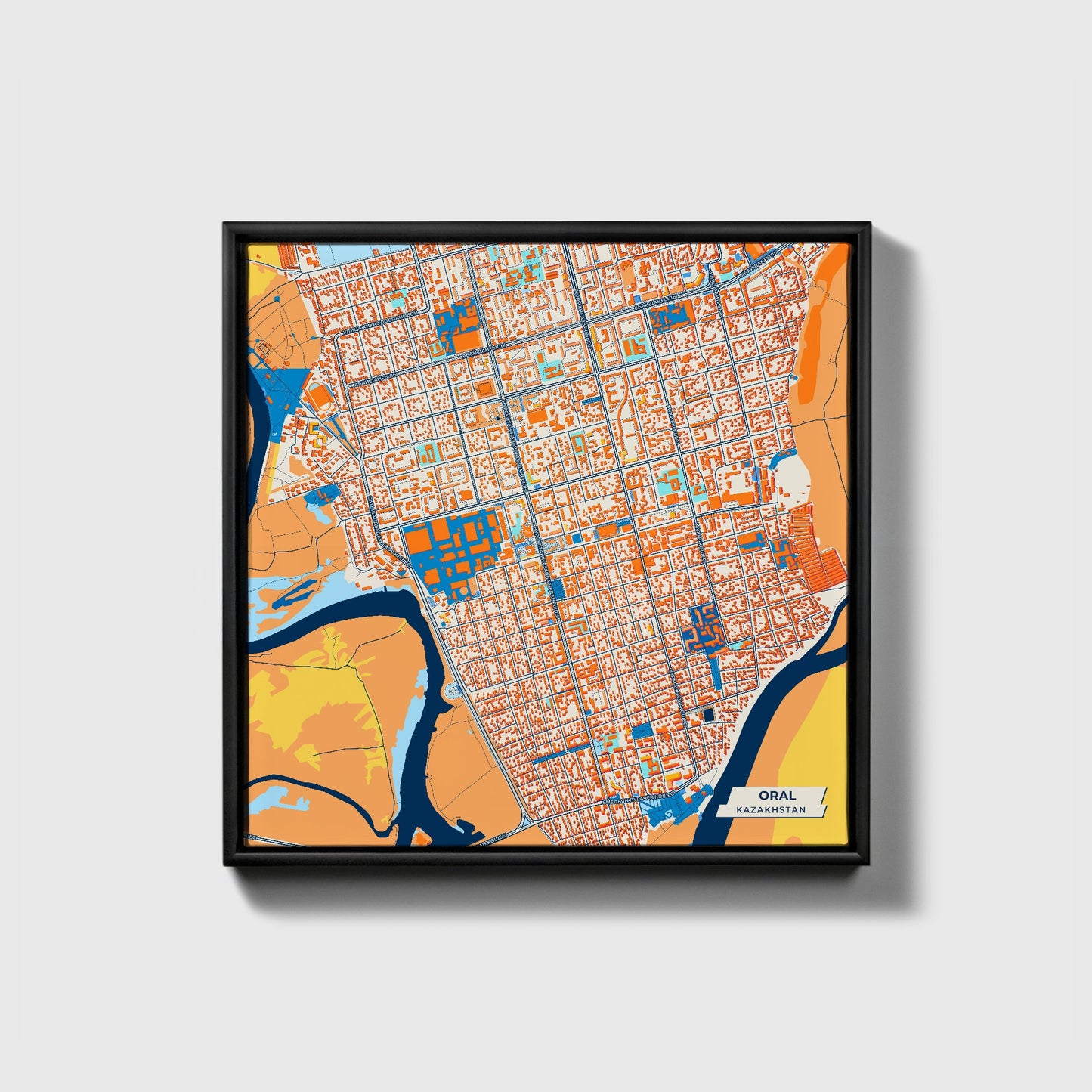 Oral Kazakhstan Colorful City Map Canvas Print • Black Framed
