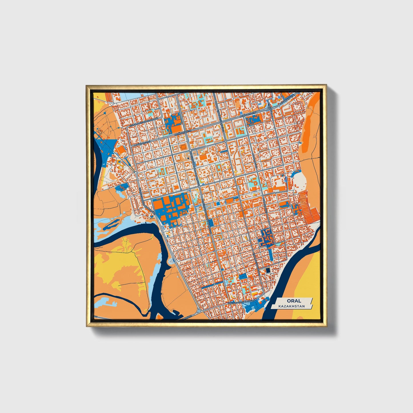 Oral Kazakhstan Colorful City Map Canvas Print • Gold Framed