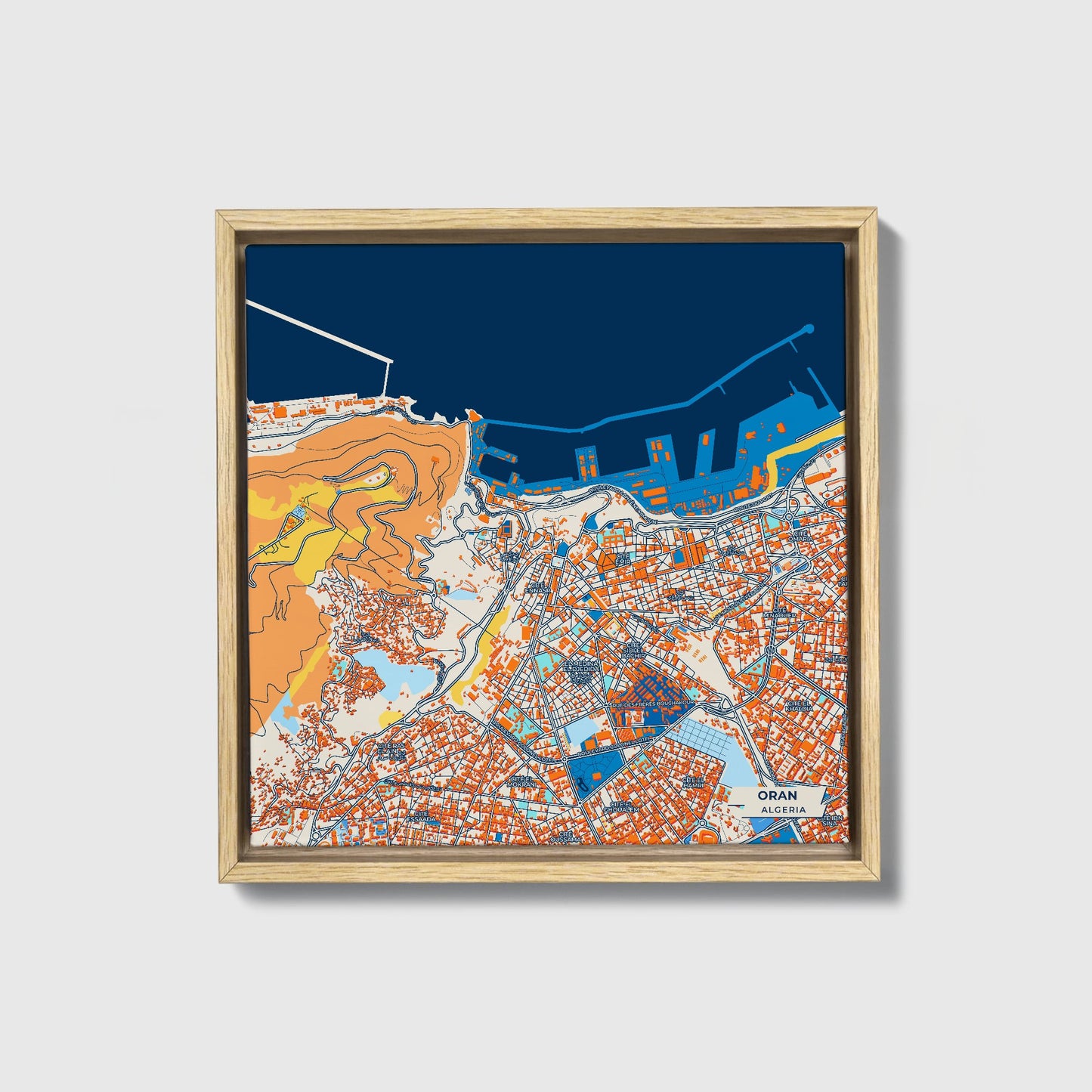 Oran Algeria Colorful City Map Canvas Print • Natural Wooden Framed