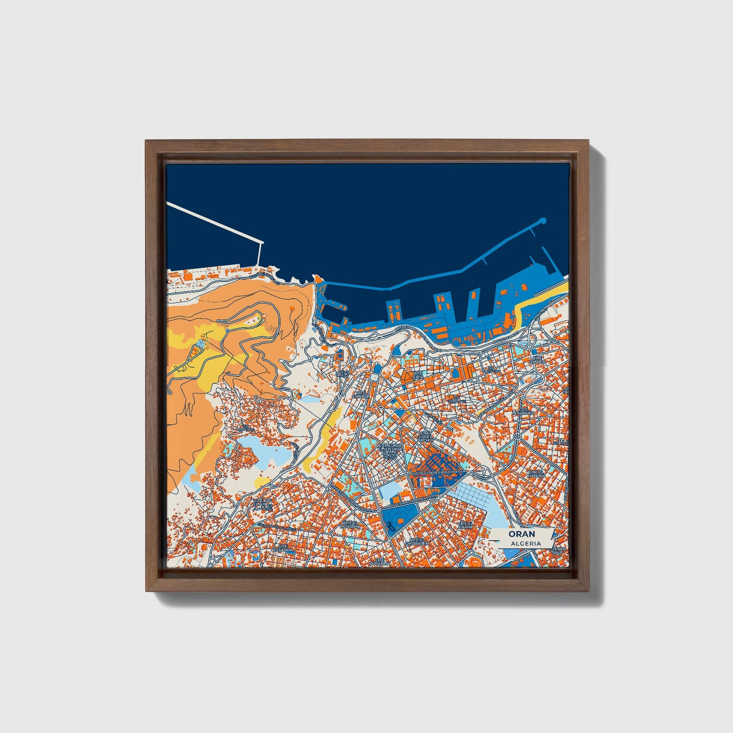Oran Algeria Colorful City Map Canvas Print • Dark Wooden Framed