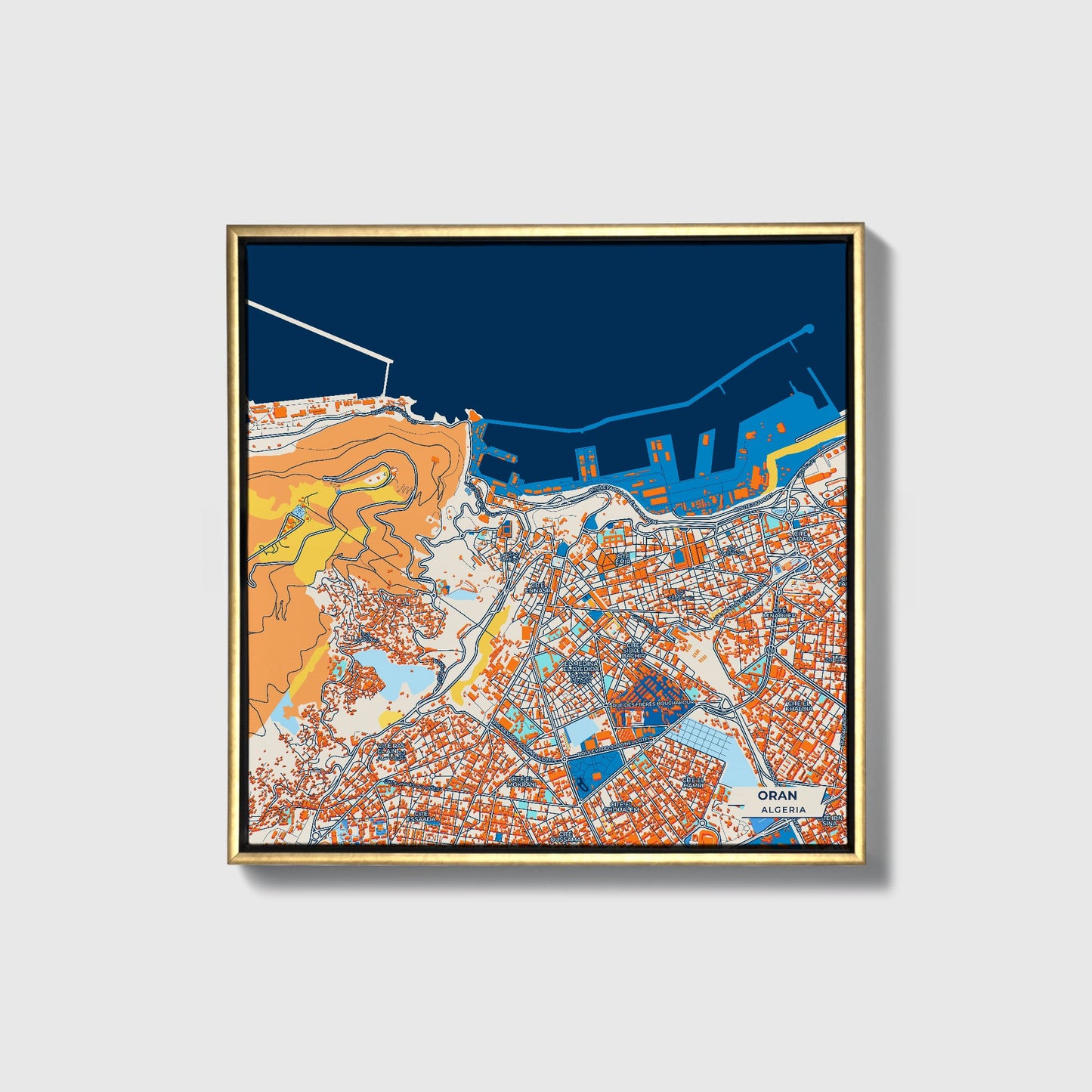 Oran Algeria Colorful City Map Canvas Print • Gold Framed