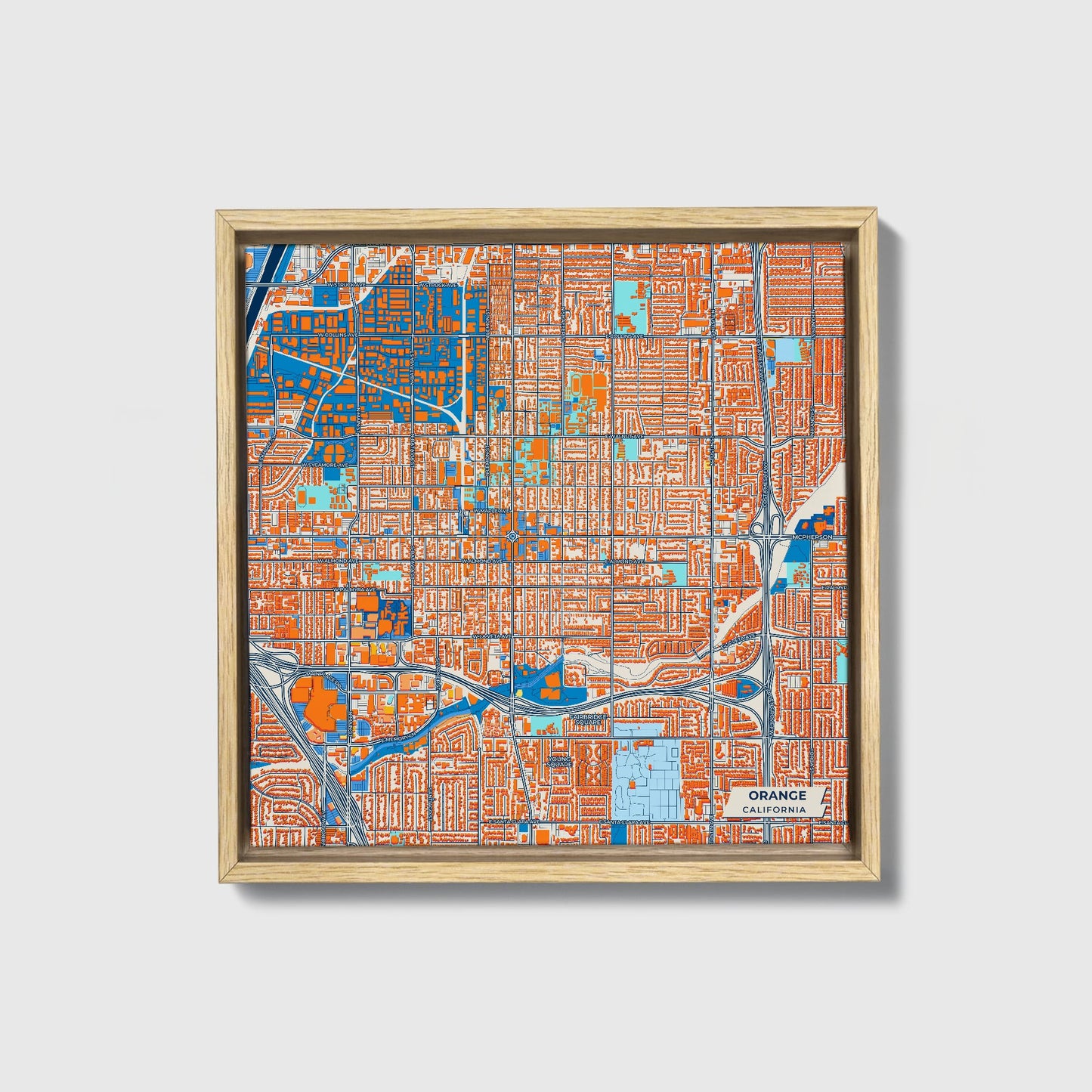 Orange California Colorful City Map Canvas Print • Natural Wooden Framed