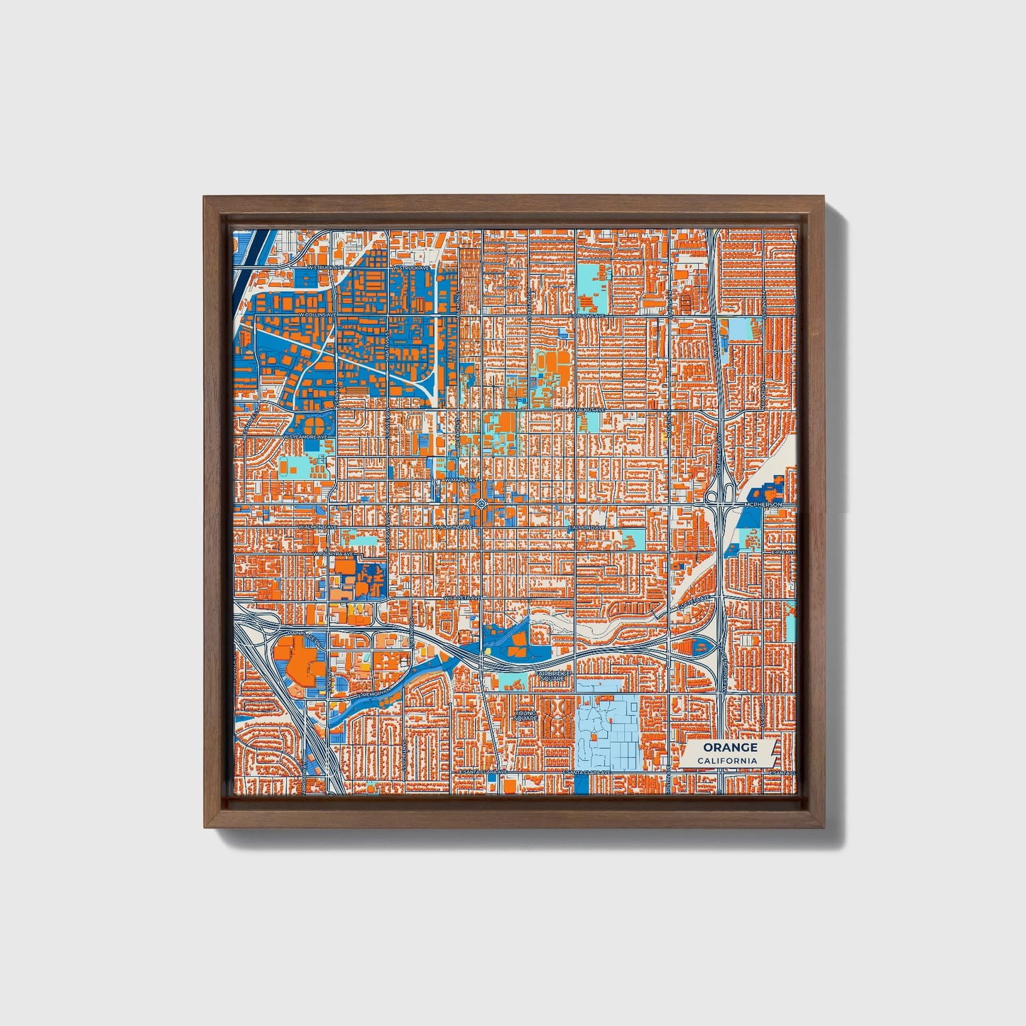 Orange California Colorful City Map Canvas Print • Dark Wooden Framed