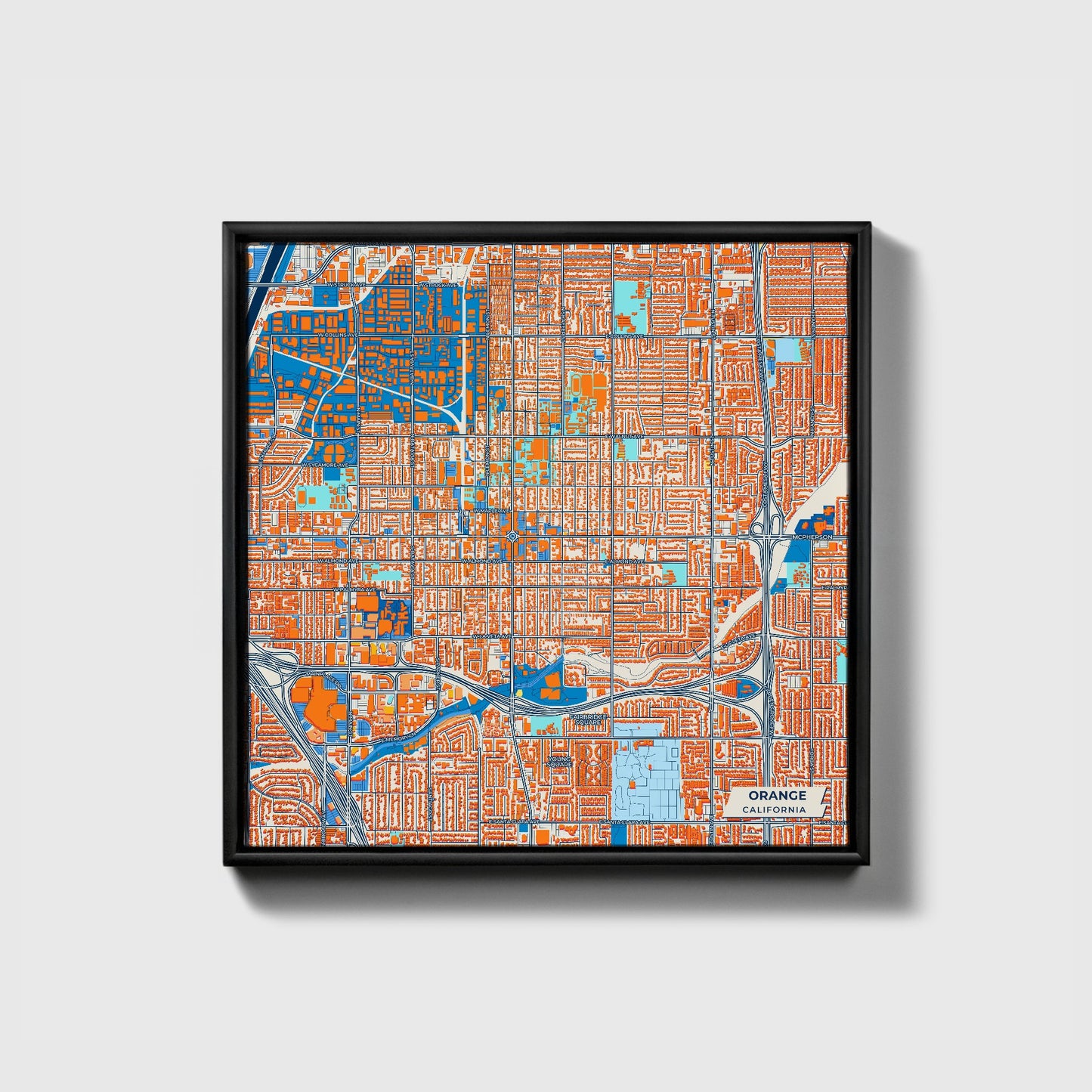 Orange California Colorful City Map Canvas Print • Black Framed