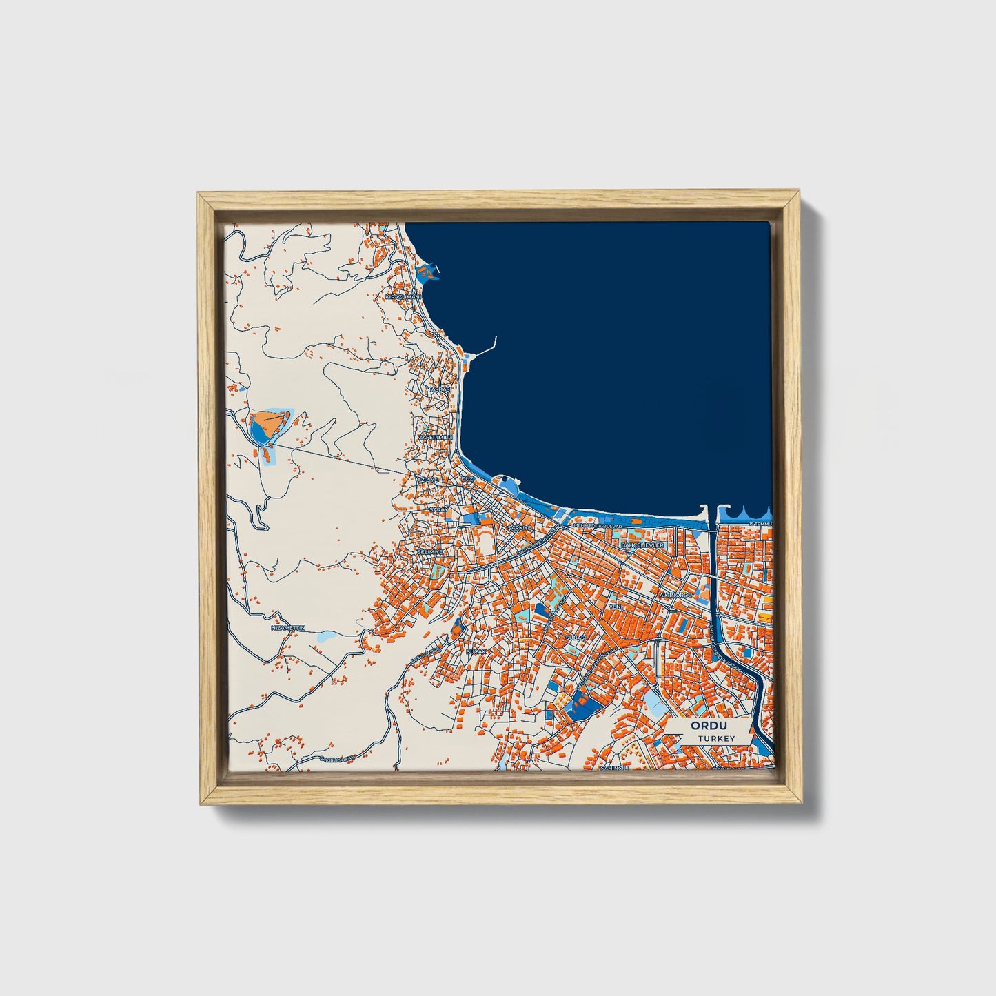 Ordu Turkey Colorful City Map Canvas Print • Natural Wooden Framed