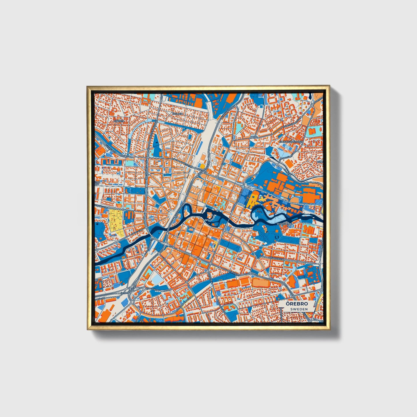 Örebro Sweden Colorful City Map Canvas Print • Gold Framed