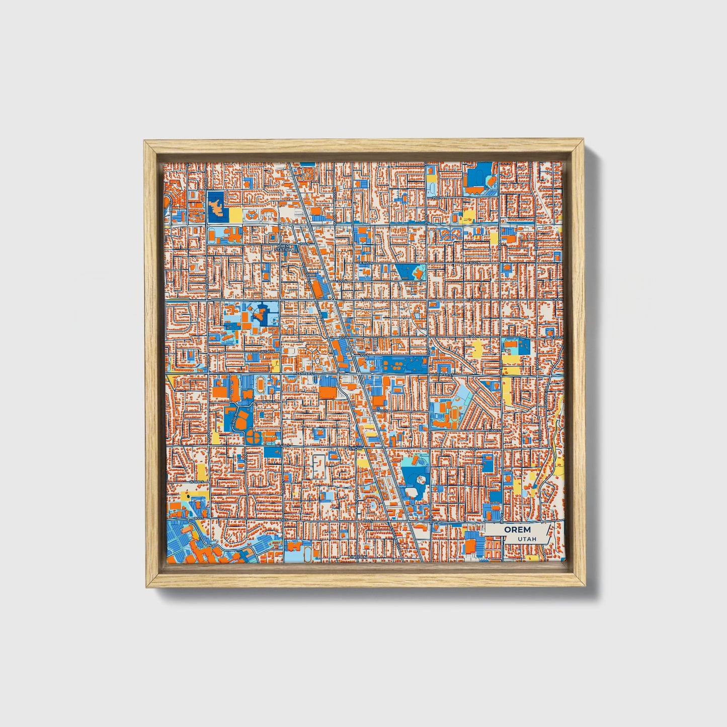 Orem Utah Colorful City Map Canvas Print • Natural Wooden Framed